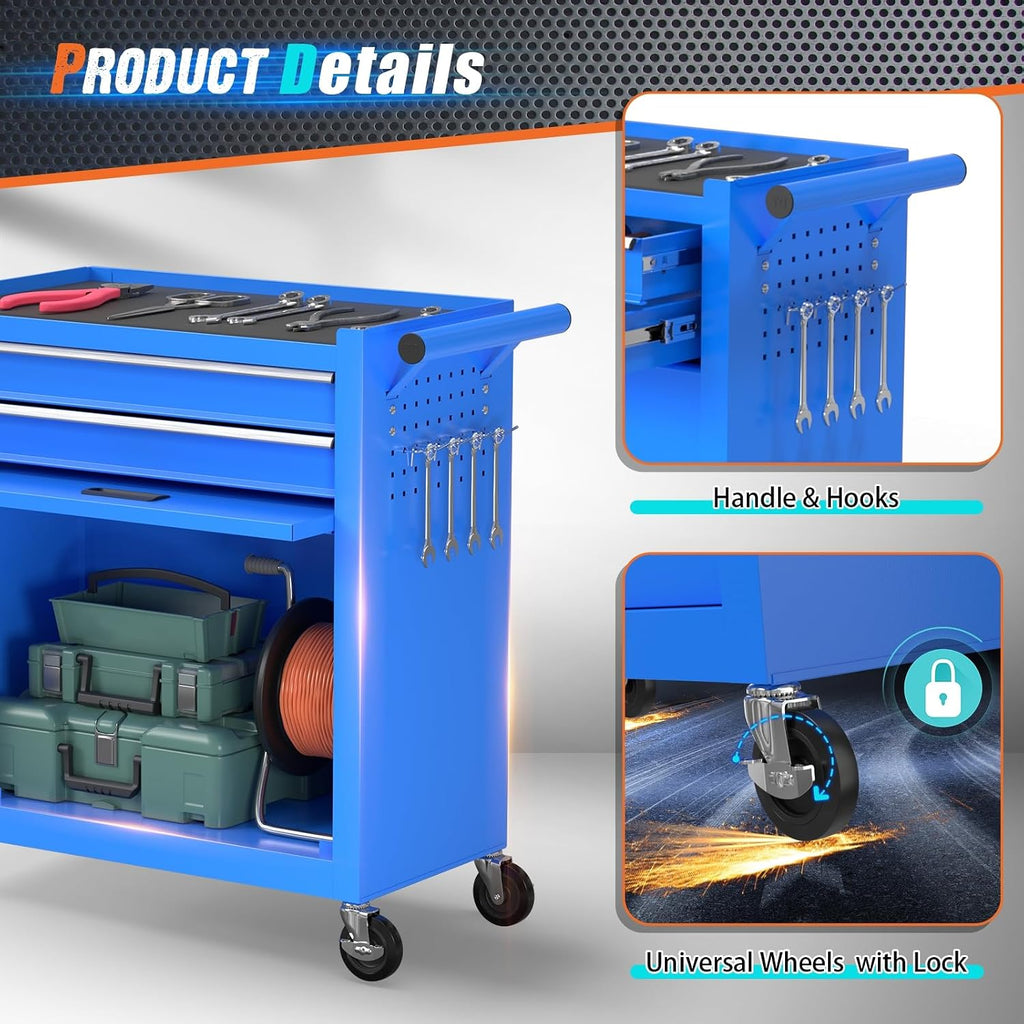 8-Drawer Rolling Tool Chest with Wheels, 2-in-1 Detachable Tool Box with Drawers and Large Cabinet, Rolling Tool Chest Storage Cabinet with Lockable for Warehouse, Garage, Workshop (Blue)