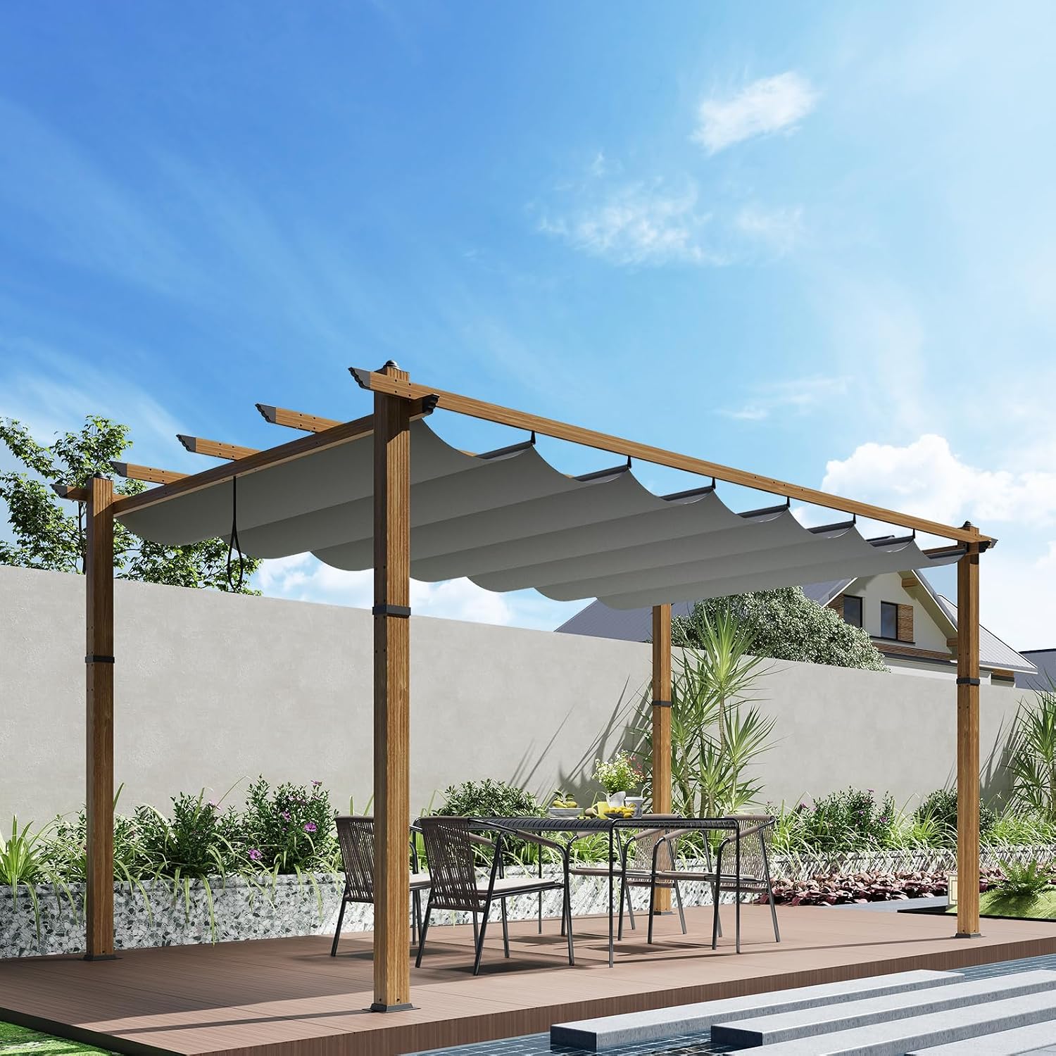 10x13 Ft Outdoor Retractable Pergola with Sun Shade Canopy, Heavy-Duty Aluminum Canopy Pergola Kits for Backyard, Faux Wood Grain Metal Patio Gazebo for Garden, Porch Beach, Grape Trellis - Grey