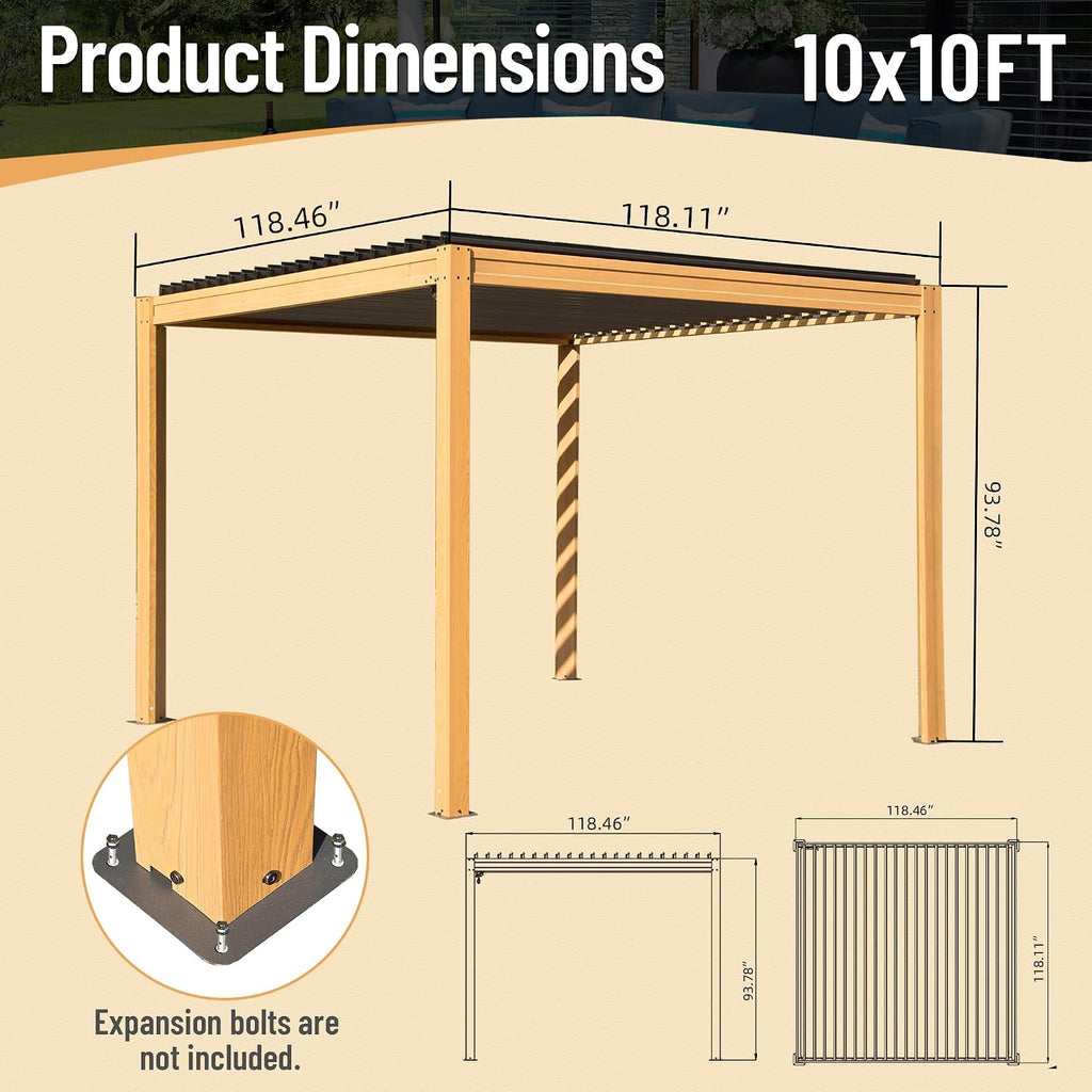 Domi Outdoor Pergola 10' x 10' Aluminum Louvered Pergola with Adjustable Roof, Wood Grain Aluminum Frame, Efficient Drainage System for Patio, Deck, Garden