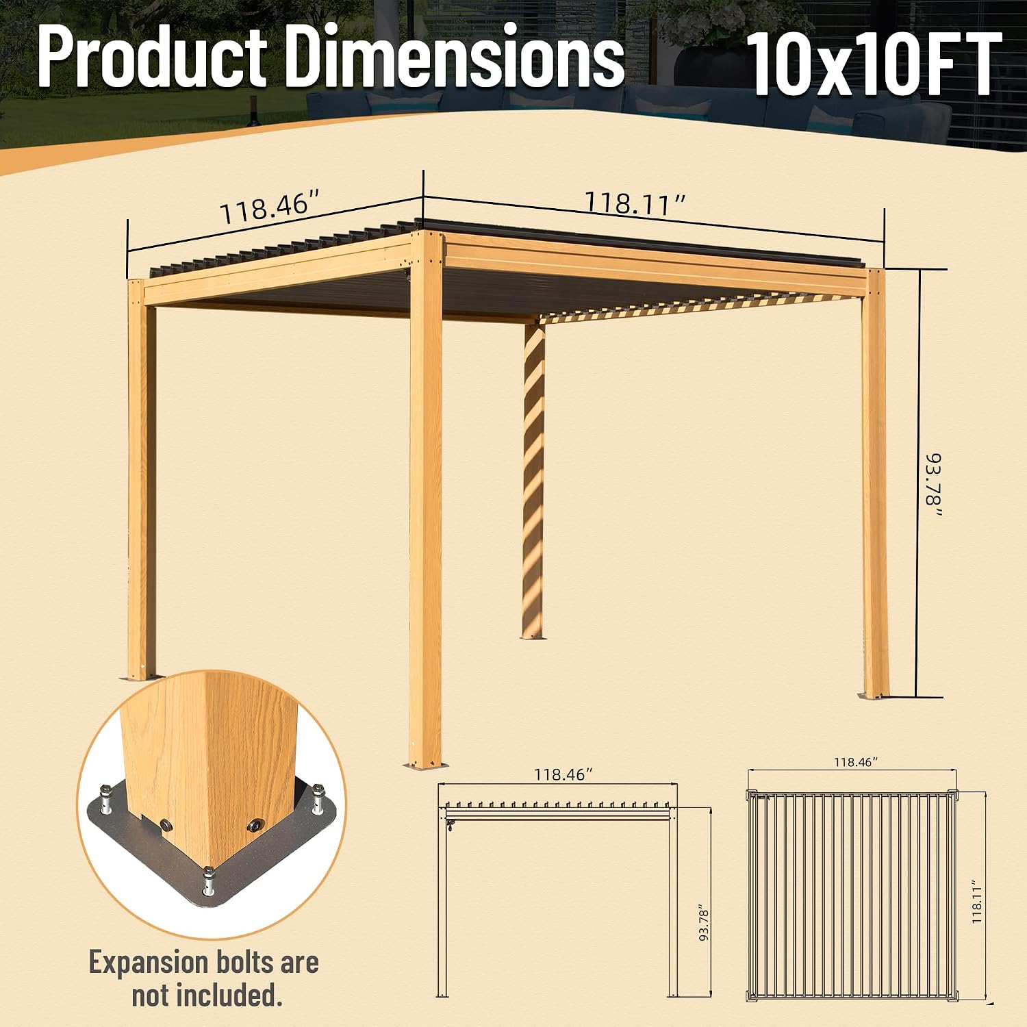 Domi Outdoor Pergola 10' x 10' Aluminum Louvered Pergola with Adjustable Roof, Wood Grain Aluminum Frame, Efficient Drainage System for Patio, Deck, Garden