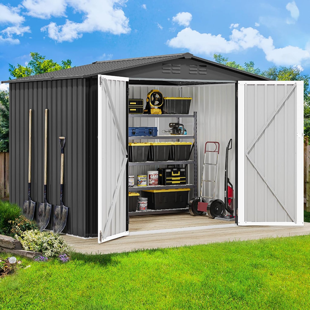 DWVO 8x6FT Outdoor Storage Shelter, Roomy Steel Tool Shed with Secure Entrances & Air Circulation for Patio, Lawn, and Backyard, Ideal for Storing Garden Gear, Lawn Tools, and Bikes, Dark Gray