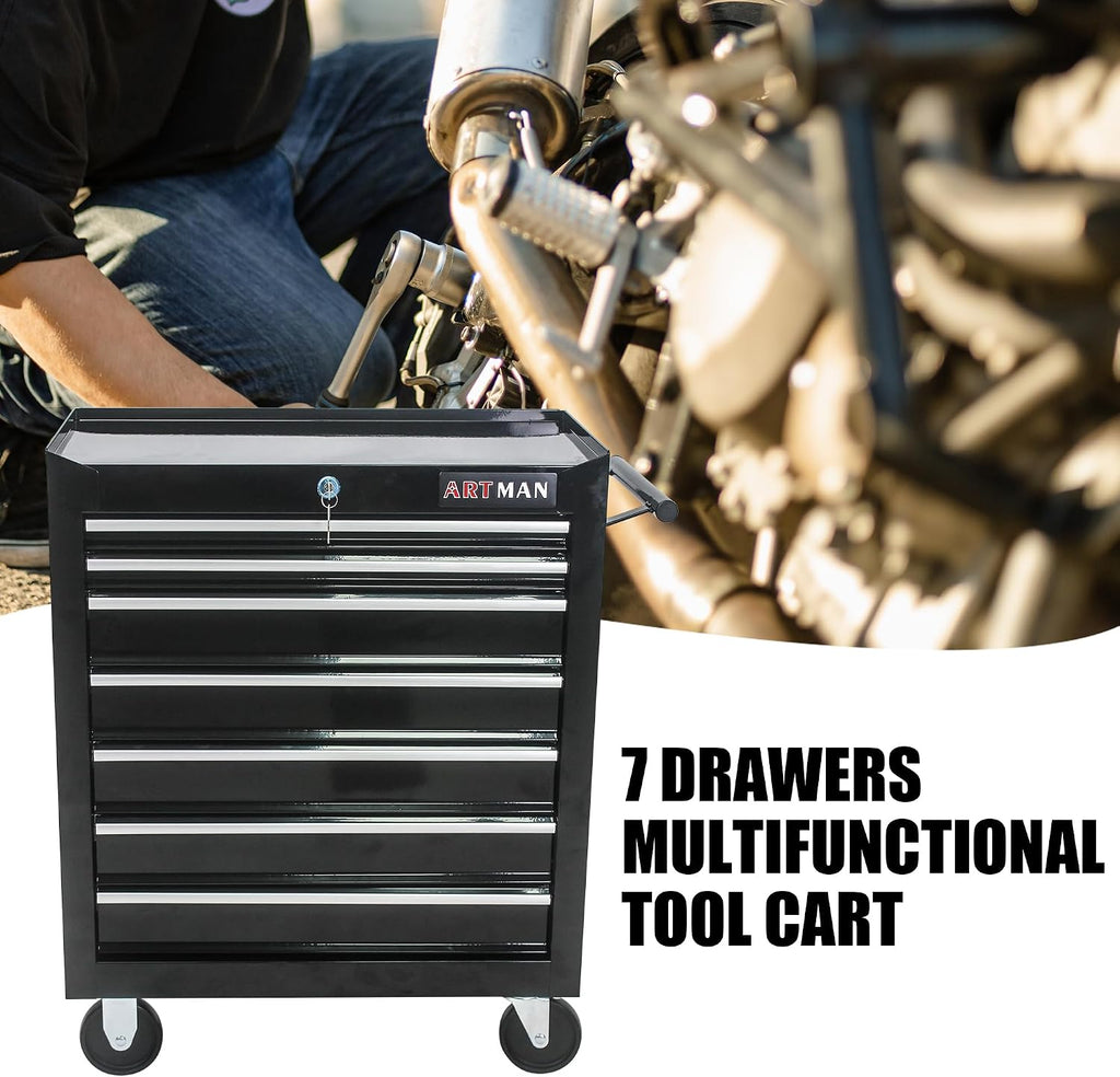 Rolling Tool Chest, 7-Drawer Tool Cabinet with Wheels, Heavy-Duty Steel Tool Storage Cabinet, Lockable Tool Box on Wheels for Garage & Workshop, Black
