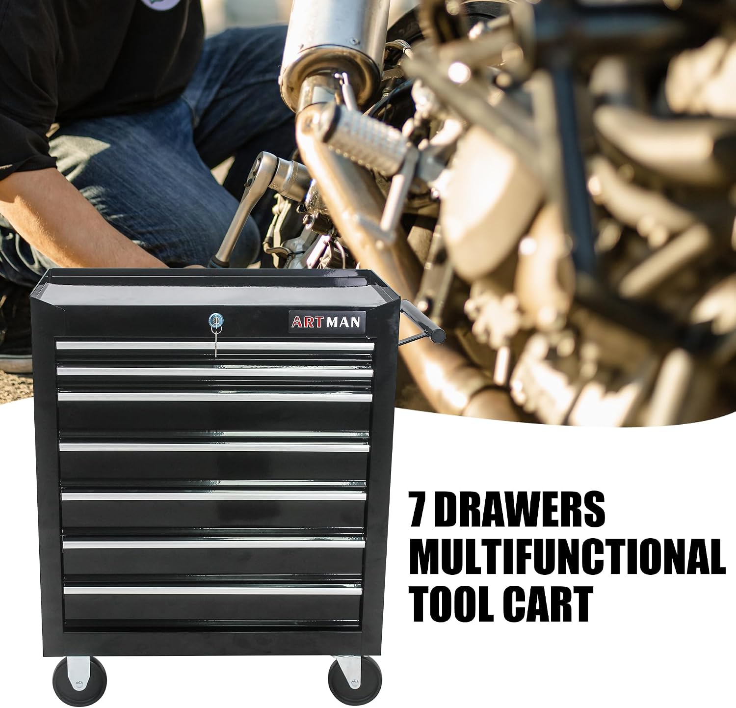 Rolling Tool Chest, 7-Drawer Tool Cabinet with Wheels, Heavy-Duty Steel Tool Storage Cabinet, Lockable Tool Box on Wheels for Garage & Workshop, Black