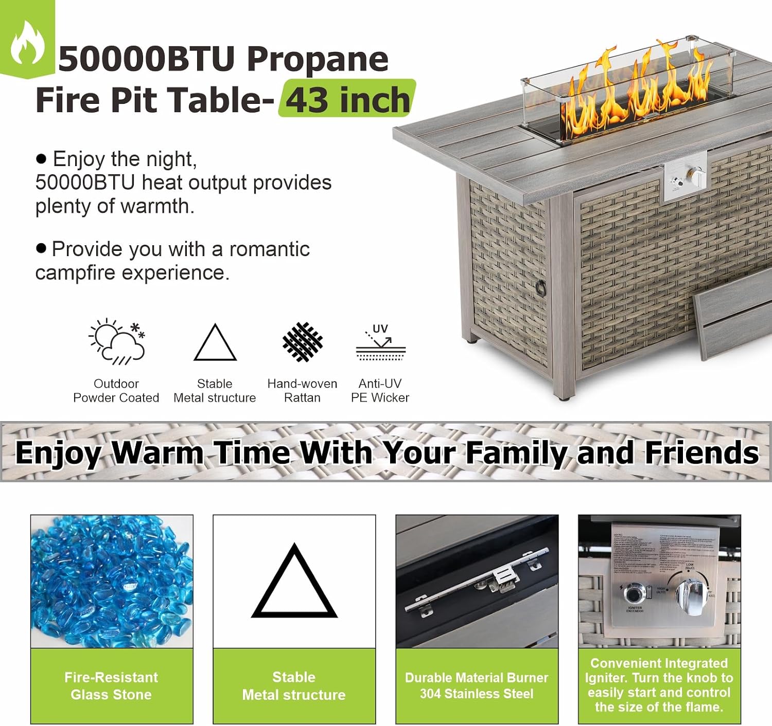 Dineli 43-Inch Rectangular Propane Fire Pit Firepits for Outside Patio Fire Pit Table, Gas Fire Pits with Adjustable Feet, Tabletop Fire Pits for Backyard Deck Balcony, 50,000 BTU, Light Brown