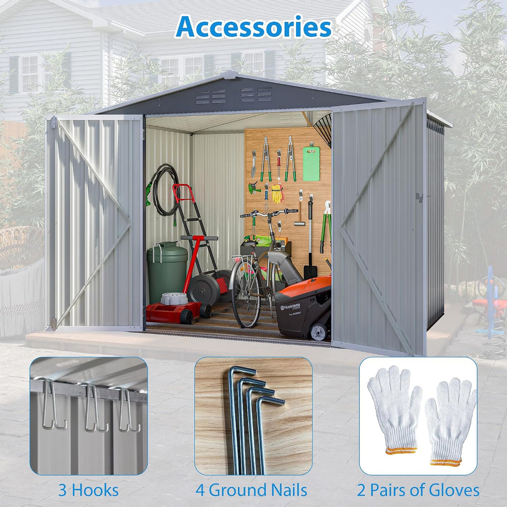 8x6 FT Outdoor Waterproof Garden Tool Storage Sheds with Metal Foundation with Floor Frame, Tool Shed with Lockable Hinged Doors & Air Vents, Storage House Waterproof for Backyard, Lawn, Gray