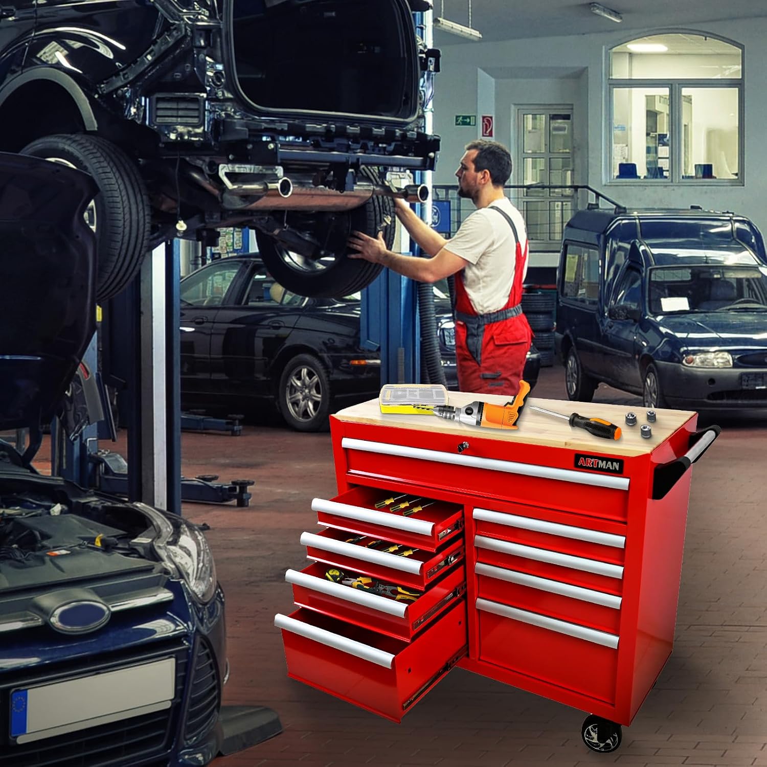 Rolling Tool Chest with Wheels, 9 Drawer Metal Tool Cabinet, Large Tool Cart for Garage, Warehouse, Workshop, Repair Shop, Red