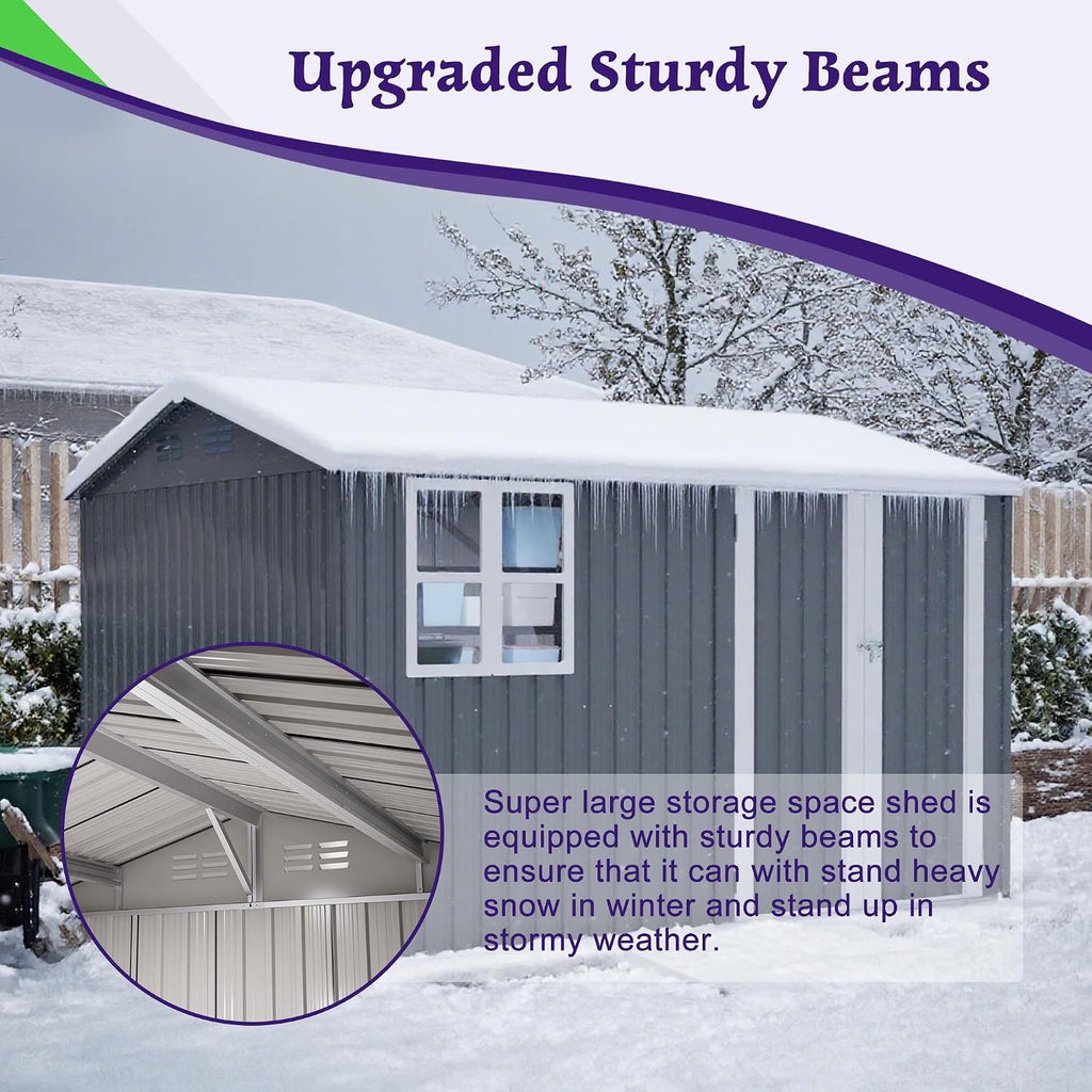 8x10 FT Shed Outdoor Storage Metal Large Garden Tool Sheds with Lockable Doors Floor Frame Window Gable Roof Waterproof Steel Utility Equipment Sheds for Backyard Patio Lawn Poolside, Grey