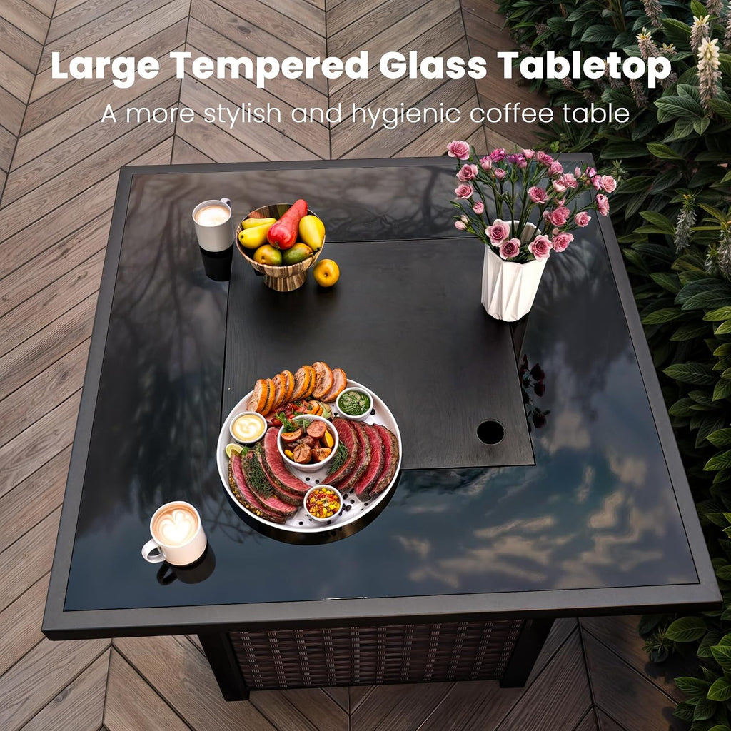 Propane Outdoor Fire Pit Table, 28' Rattan Square Fire Pit Table, Outdoor Gas FirePit W/Glass Wind Guard, Tempered Glass Tabletop, Lid, CSA Listed, 50,000 BTU, Outside Patio Deck & Garden, Brown