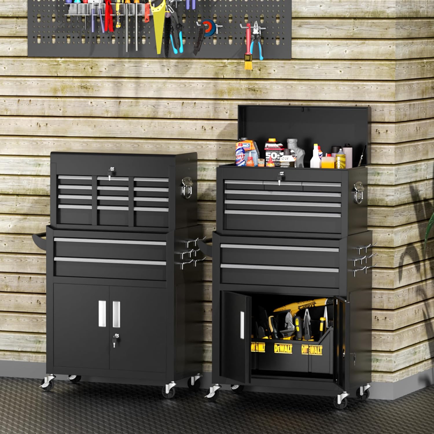 INTERGREAT 8-Drawers Rolling Tool Chest, Assembled Tool Chest with Wheels, Detachable Top Tool Box, Tool Cabinet for Repair Room,Warehouse, Rolling Tool Box with Hooks,Tray Divider,Liners(Black)