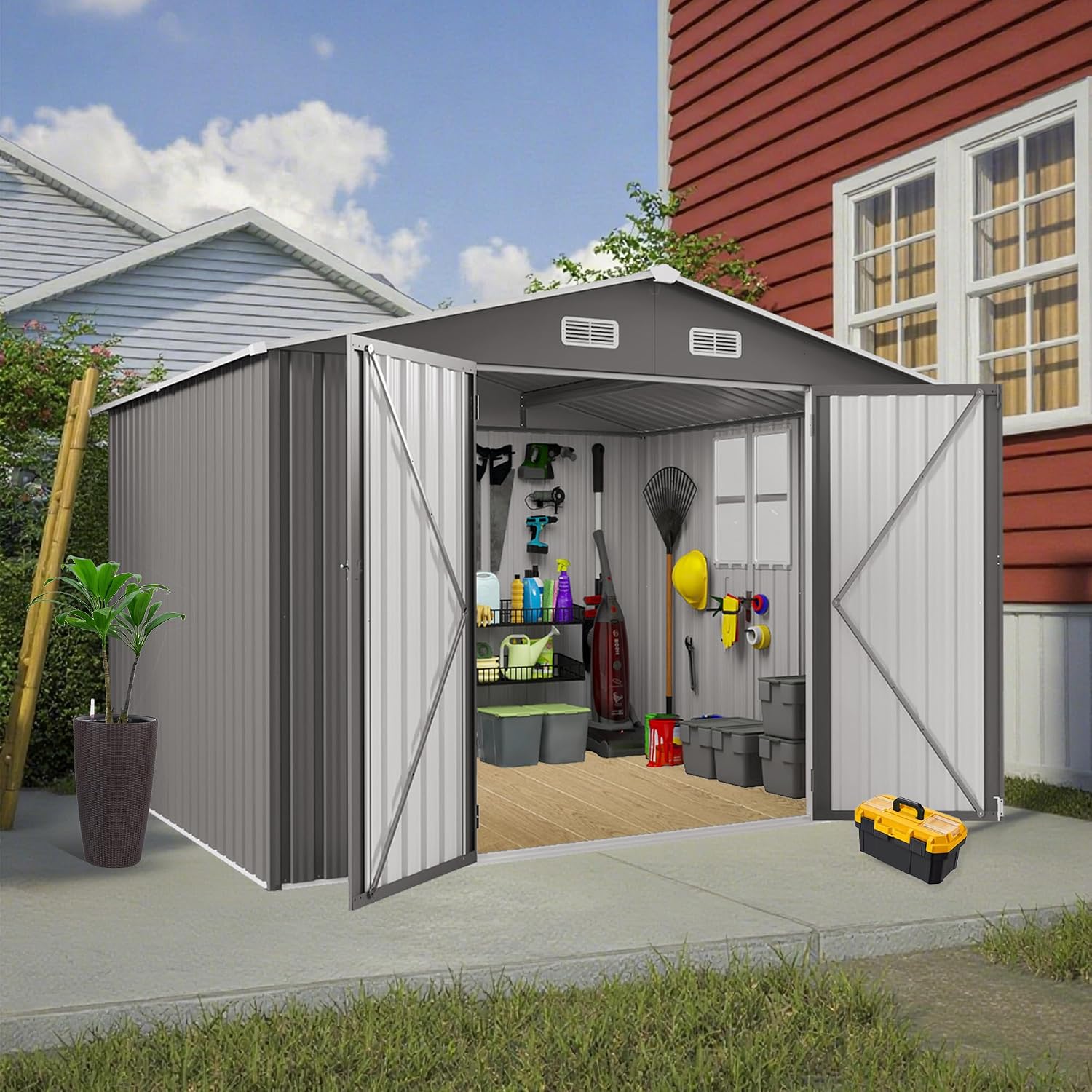 10x8 FT Outdoor Metal Storage Shed, Large Garden Backyard Tool Shed with Lockable Door, Windows and Vents, Multi-Purpose Outside Bike Storage Sheds for Patio, Lawn, Poolside, Motorcycle, Gray