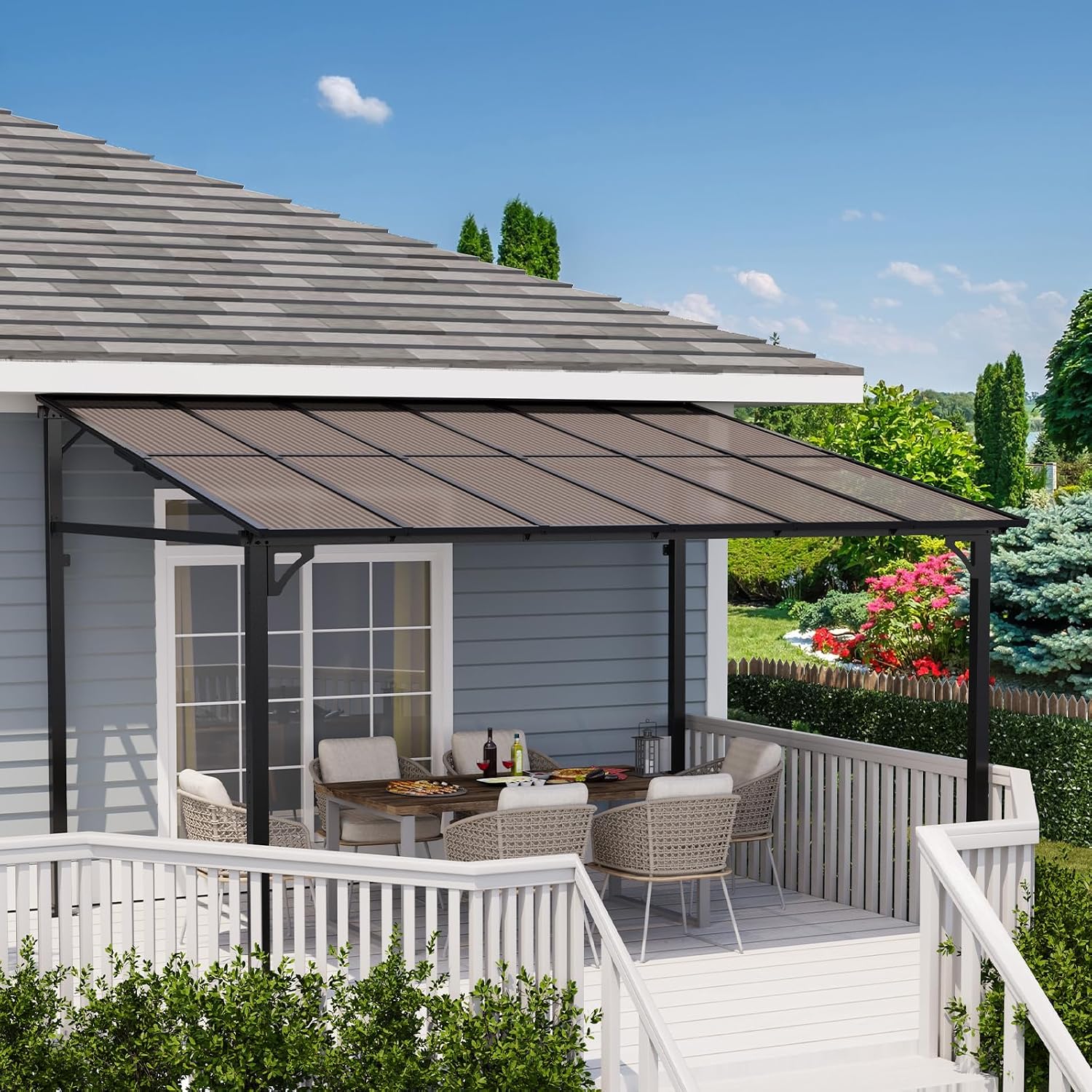 10 Ft x 12 Ft Lean to Gazebo - Hardtop Gazebo Wall Pergola with Polycarbonate Roof, Aluminum Frame Mounted for Lawn, Patio, Deck & Party