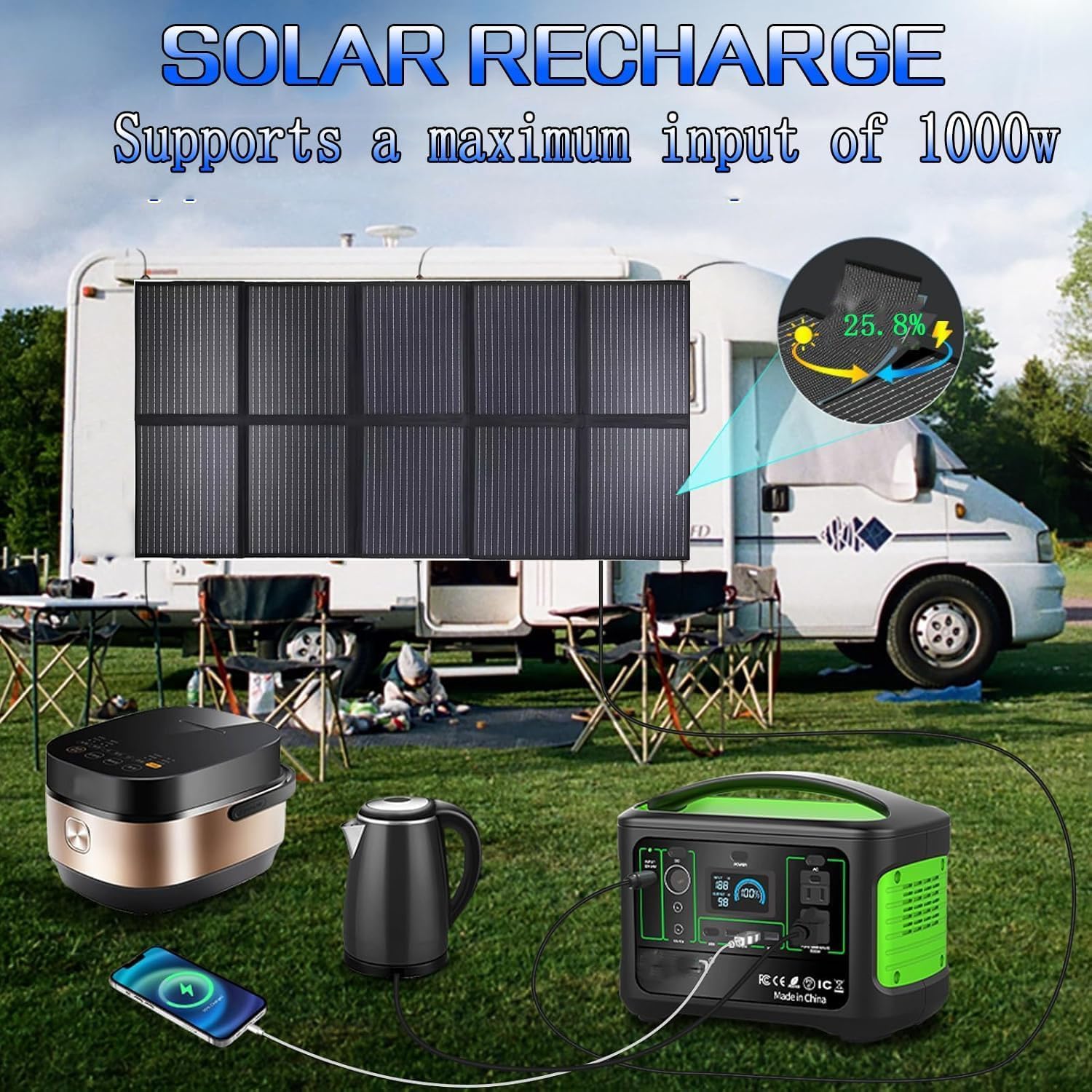 1000W Portable Solar Panel, 72V Foldable Solar Panel 25.8% High Efficiency IP68 Waterproof with 10ft 4-in-1 Cable and 10×DC Adapter for Power Station Camping RV