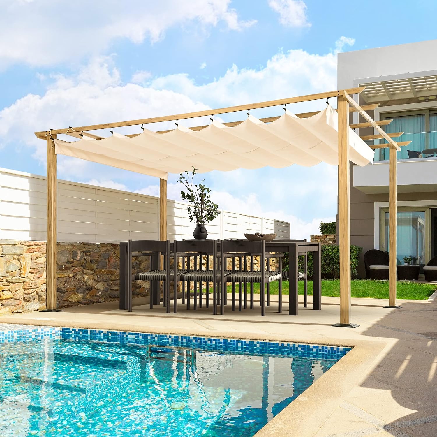 HAPPATIO 10' X 13' Wood-Grain Aluminum Pergola - Adjustable Sun Shade Canopy with Retractable Roof for Backyard, Deck, Patio, by The Pool（Beige）