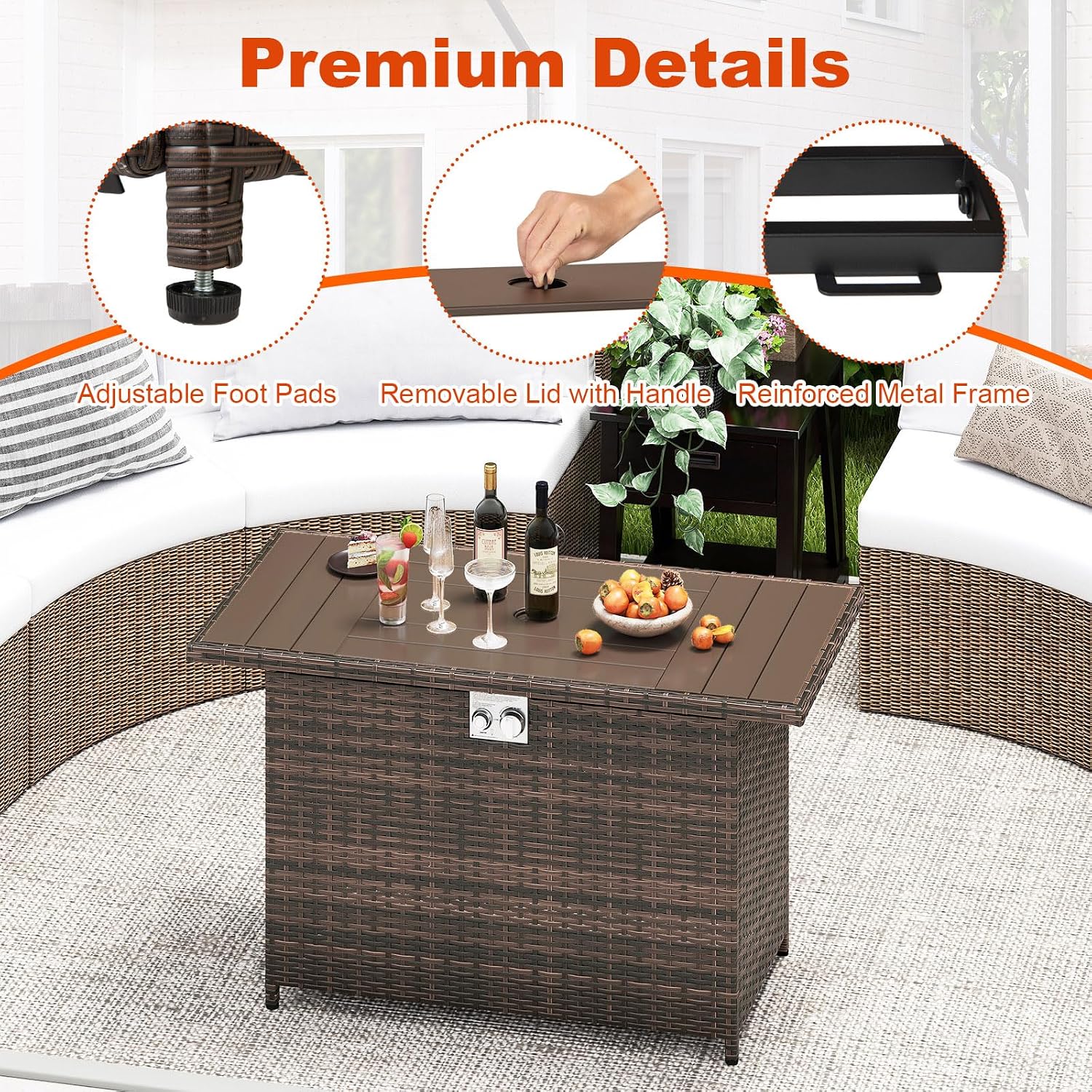 Tangkula 44.5 Inch Propane Fire Pit Table, Outdoor Rattan Gas Firepit with Metal Slatted Tabletop & Stainless Steel Burner, Rectangle Fire Pit with Lava Rocks & Protective Cover for Outside Patio