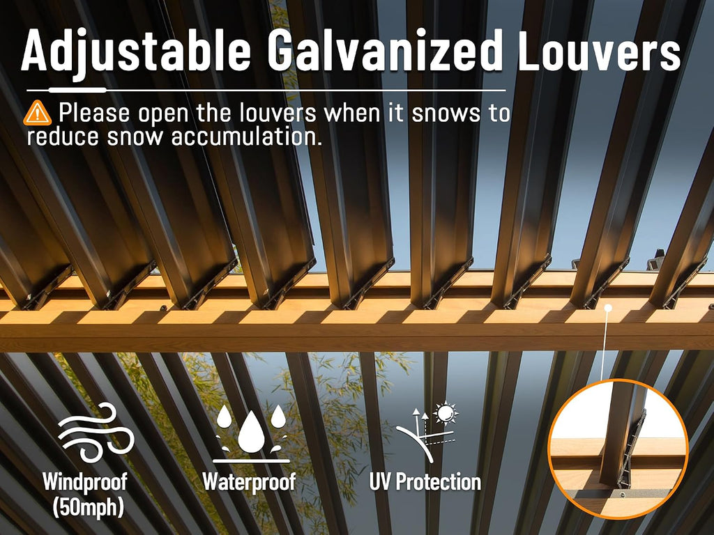 Domi Outdoor Pergola 10' x 20' Aluminum Louvered Pergola with Adjustable Roof, Wood Grain Frame, Efficient Drainage System for Patio, Deck, Garden, Yard