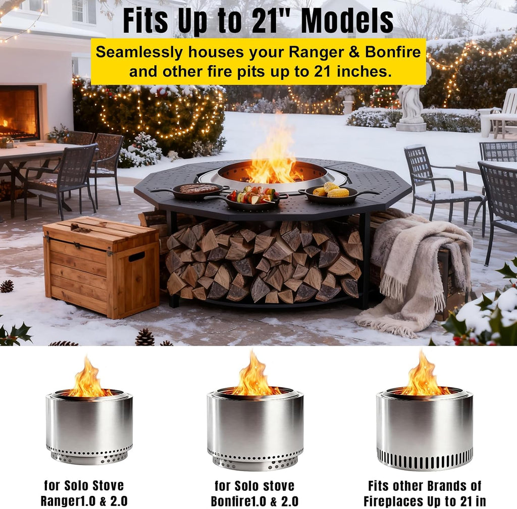 41' Fire Pit Surround Tabletop for Solo Stove Bonfire and Ranger Portable Protective Barrier for Wood Burning Fire Pits Outdoor Bonfire Fire Pit with Firewood Storage Shelf
