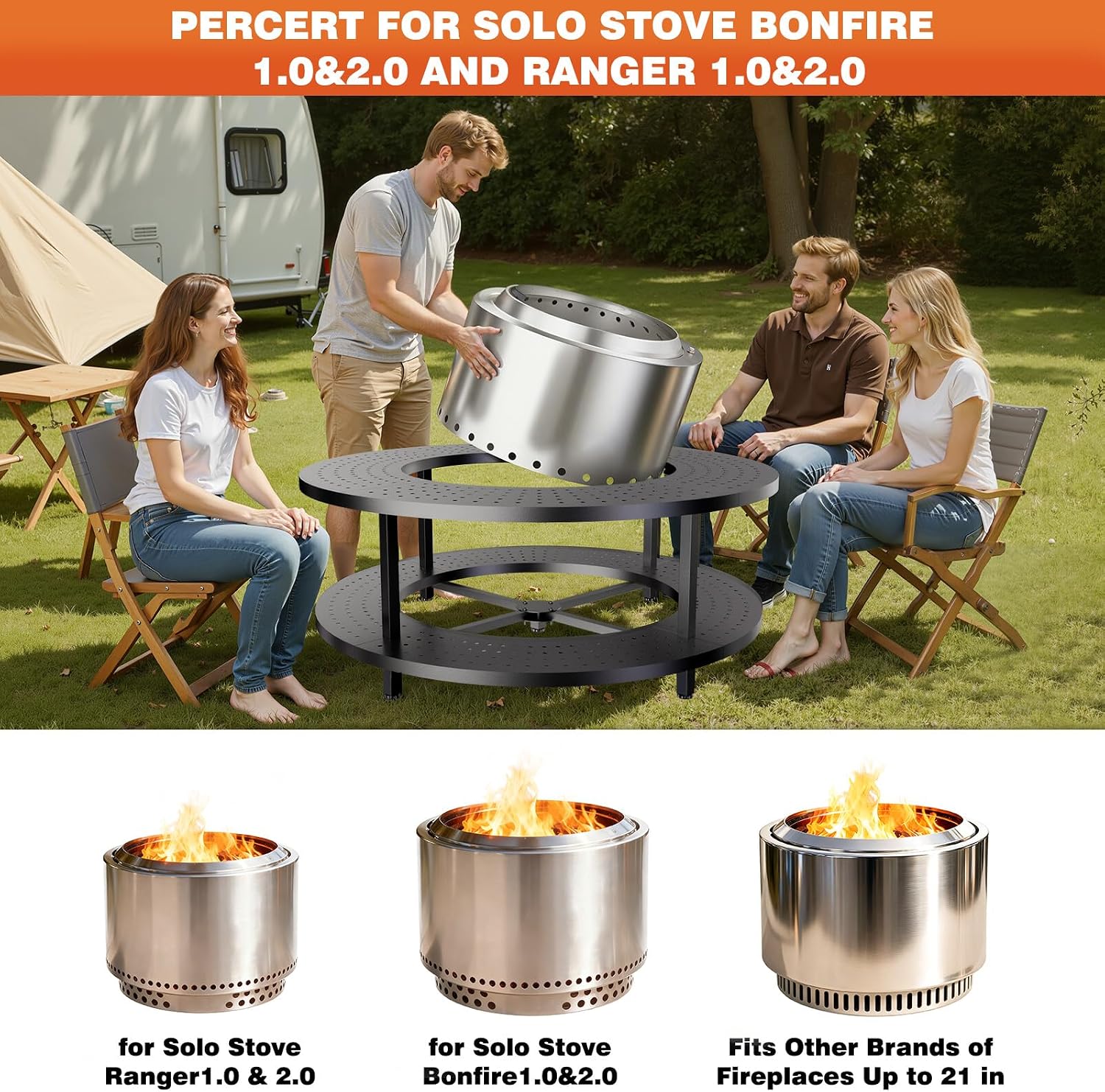 Fire Pit Surround Tabletop for Solo Stove Bonfire 1.0&2.0,Ranger 1.0&2.0, 41' Fire Pit Surround Tabletop with Wood Storage Shelf,Powder-Coated Steel Surround Tabletop with Extra Space and Raised Stand