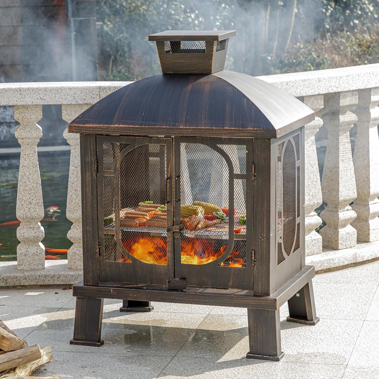 Panovue 45' H×31''W Metal Chiminea Fire Pit with Grill, Wood Burning Fire Pits for Outside,Square Chimineas Fireplace with Mesh Spark Screen Door& Fire Poker for Garden,Yard,BBQ,Bonfire (Black&Gold)