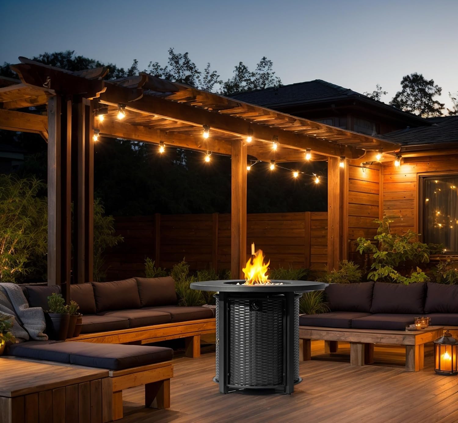 32'' Round Gas Fire Pit, 50,000 BTU Steel Outdoor Fire Tables, Fire Table with Lid, Add Warmth & Ambience to Gatherings and Parties On Patio Deck Garden Backyard, Black.