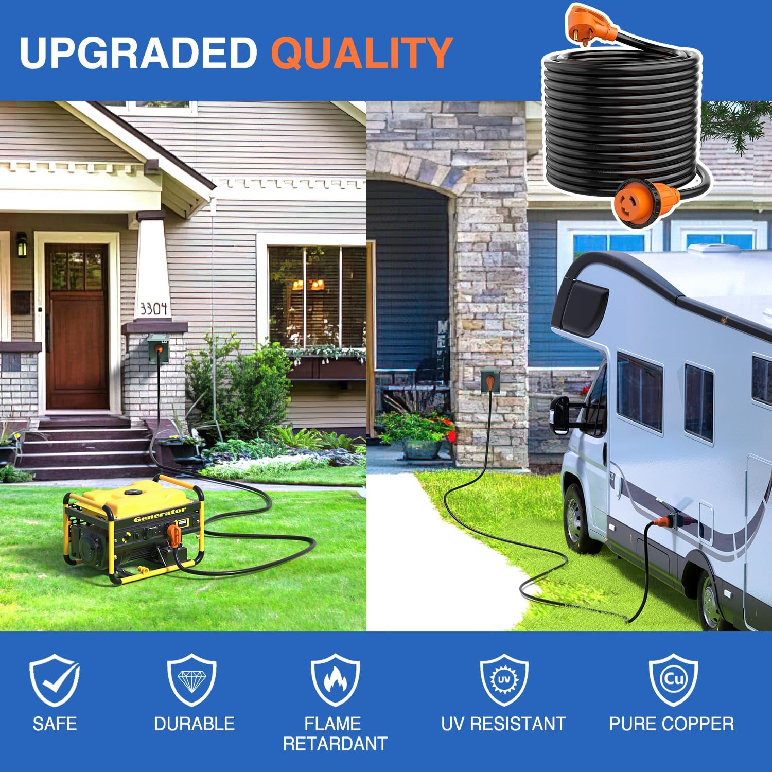 Nilight 30 Amp 50FT RV Locking Extension Cord 125V Heavy Duty 10 Gauge Pure Copper STW Wire ETL Listed 3 Prong TT-30P L5-30R 30F/30M Weatherproof Suit for Camper Trailer
