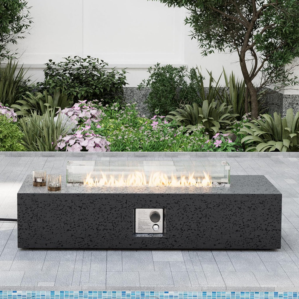 SUNBURY Outdoor Travertine Fire Pit Table, Propane Burning FirePit, 56x28 inch Square Patio Fire Table 50,000 BTU Fire Pit for Outside with Waterproof Cover and Glass Stones, Light Gray