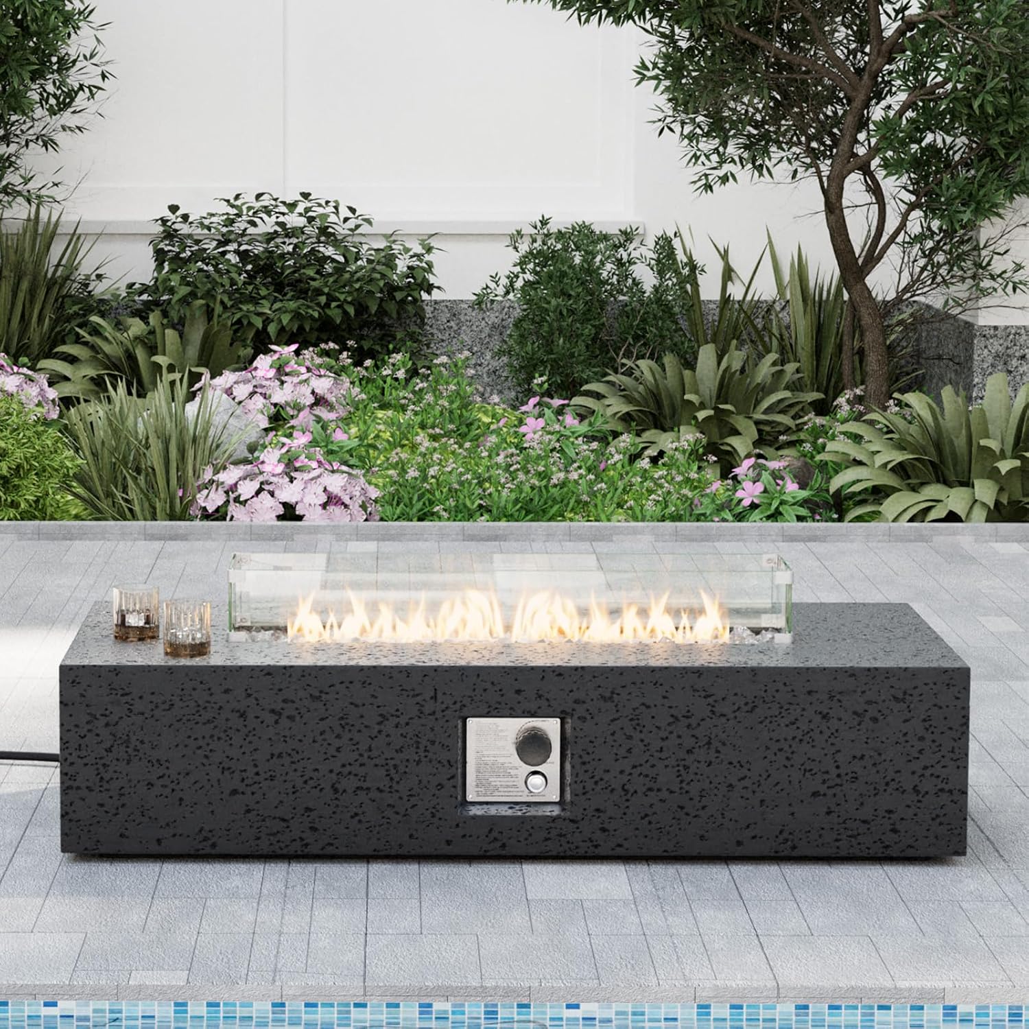 SUNBURY Outdoor Travertine Fire Pit Table, Propane Burning FirePit, 56x28 inch Square Patio Fire Table 50,000 BTU Fire Pit for Outside with Waterproof Cover and Glass Stones, Light Gray