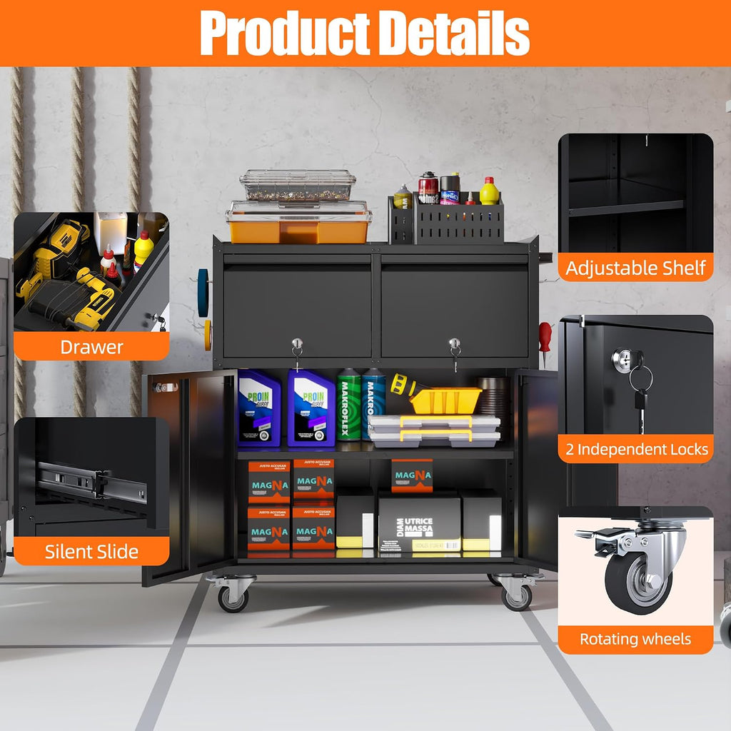 Metal Garage Storage Cabinet with Wheels, Rolling Tool Cabinet with Adjustable Shelf, 2 Drawers and 2 Doors for Tools, Garage,Workshop, Black, Assembly Required