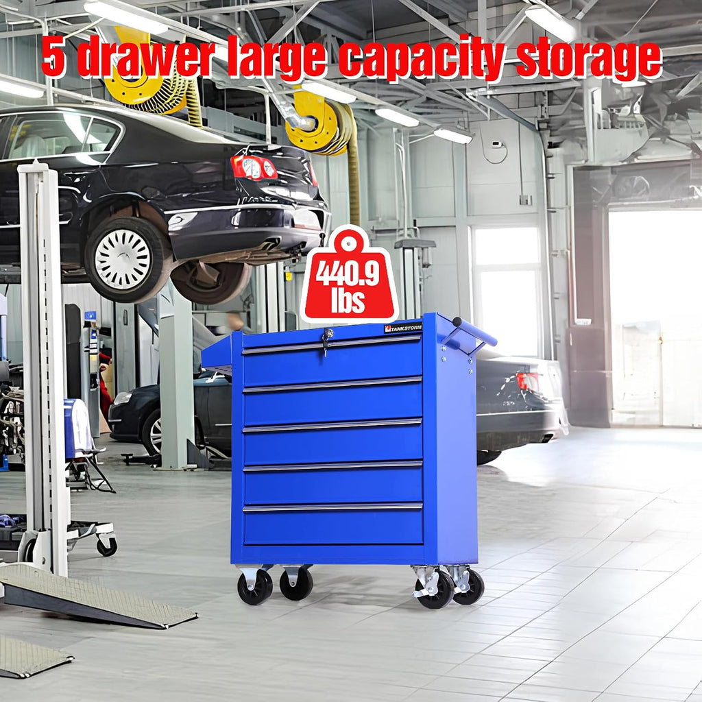 5-Drawer Rolling Tool Chest with Wheels, Heavy Duty Metal Tool Cabinet with Lock, Rolling Tool Box Organizer for Garage, Workshop, Repair Shop, Blue