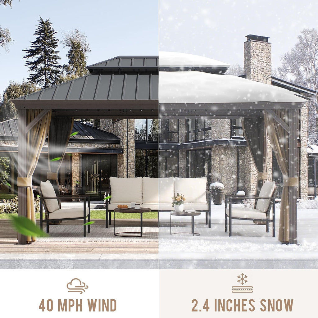 12'x16' Hardtop Gazebo with Netting and Curtains, Outdoor Aluminum Frame Pergola, Heavy Duty Metal Double Roof of Galvanized Steel Pavilion for Patio, Backyard, Deck, Lawns
