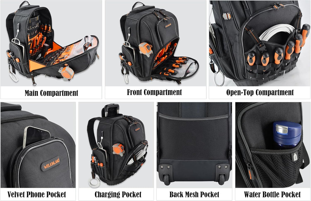 WELKINLAND 72Pockets Rolling Tool backpack, Large tool bag with wheels, Rolling Electrician bag with wheels for men