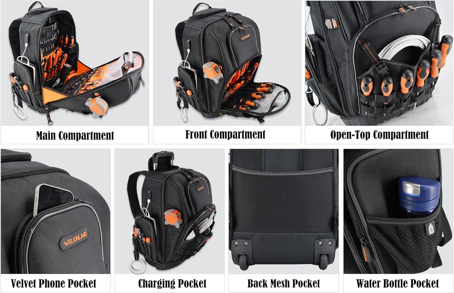 WELKINLAND 72Pockets Rolling Tool backpack, Large tool bag with wheels, Rolling Electrician bag with wheels for men