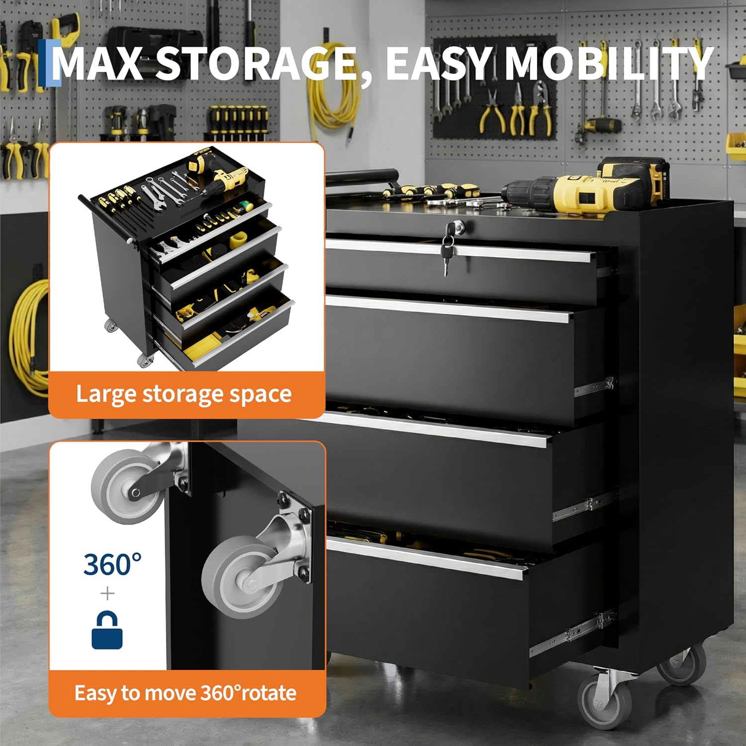 GarveeTech 24' 4-Drawer Tool Chest, Rolling Tool Cabinet with Wheels and Lock System, Portable Storage Rolling Tool Chest for Warehouse, Workshop & Repair Shop, Black
