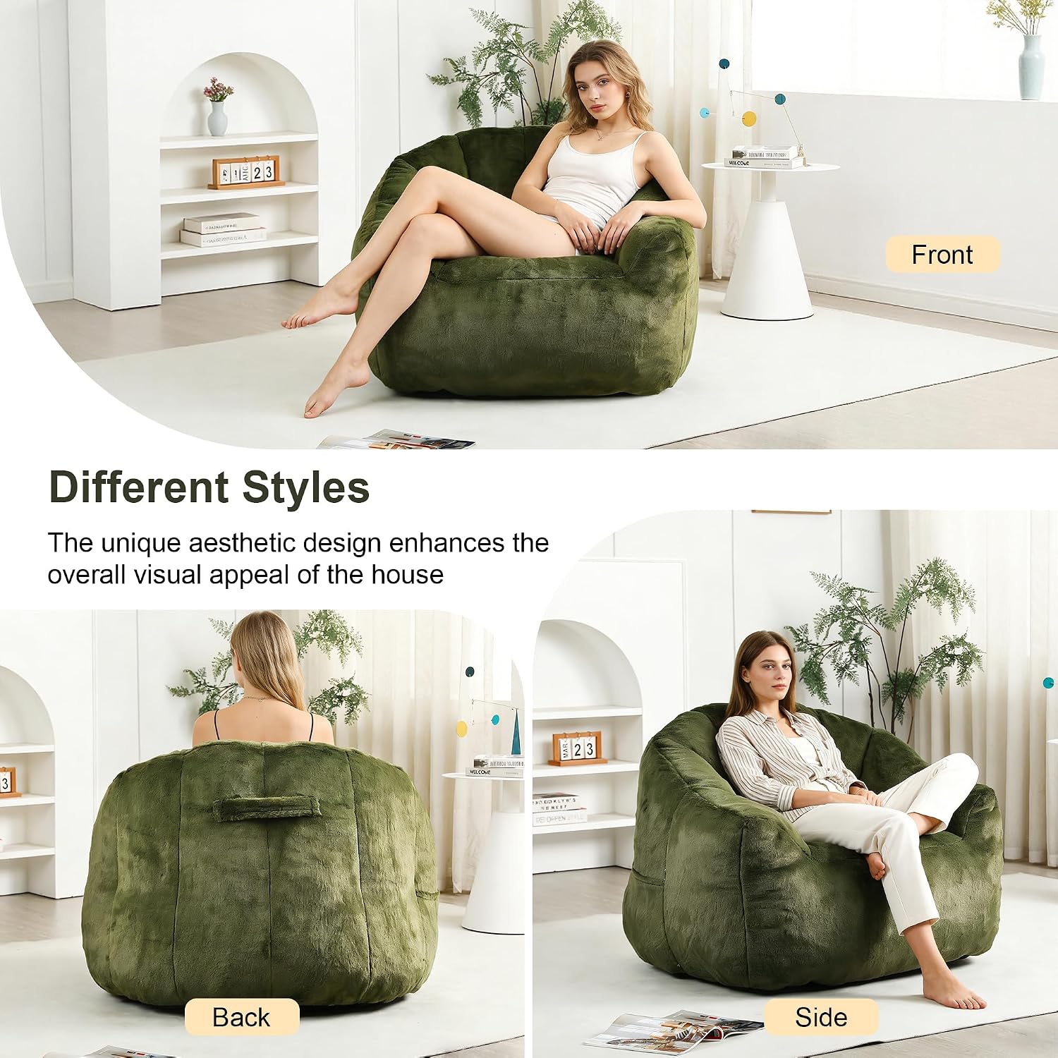 Bean Bag Chair, Bean Bag Couch for Adults and Kids, Comfy Shell-Shaped Chair with Filler Armrests Stuffed High-Density Foam Stuffed Sofa Lounge Floor Sofa for Bedroom,Gaming, Reading,Green