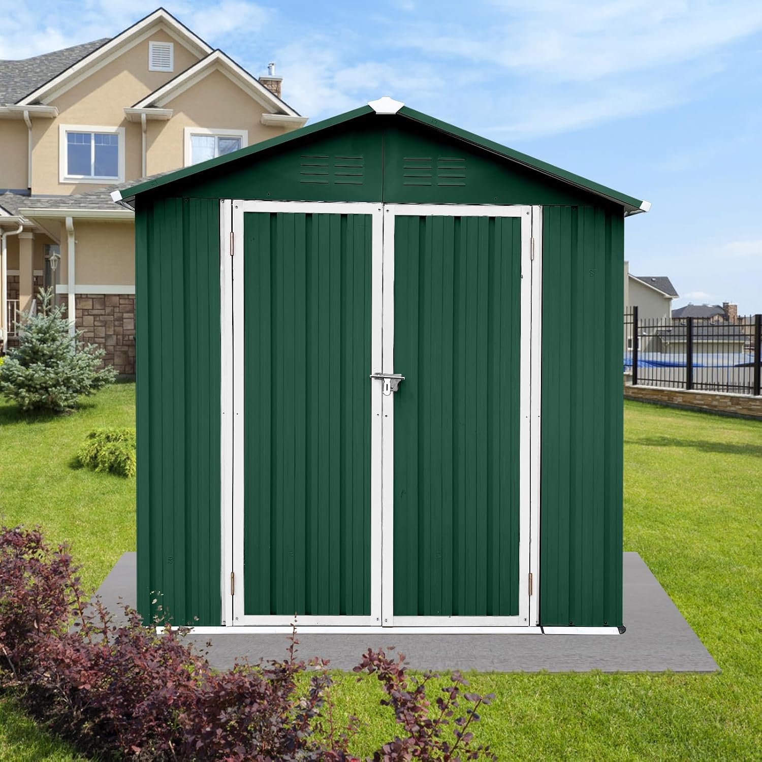 6 x 4 FT Metal Storage Shed, Outdoor Storage Shed with Lockable Door & Apex Roof, Durable Hinged Door for Garden, Backyard, Lawn, and Utility Storage, Shutter Vents, Weather-Resistant, Green and White