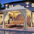 LAUSAINT HOME 10'x10' Outdoor Gazebo with 50FT String Lights, Metal Heavy Duty Patio Canopy Tent with Double Roofs, Mosquito Nettings and Privacy Screens for Backyard, Garden, Lawn, Cream White