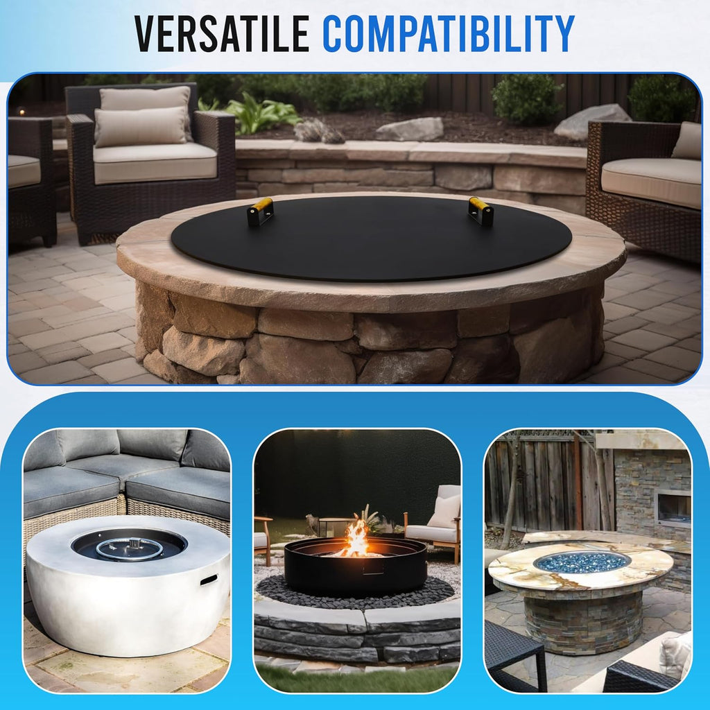 34-Inch Round Fire Pit Lid – Metal Cover with Wooden Handles, Weather-Resistant Snuffer for Bonfire & Propane Fire Pits, Doubles as Outdoor Table