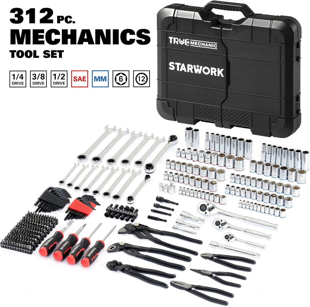 STARWORK TRUE MECHANIC 312-Piece Mechanics Tool Set and Socket Set, Professional 【Pliers Wrench】 SAE/Metric, Mirror-Finish Sockets & Ratchet Wrenches