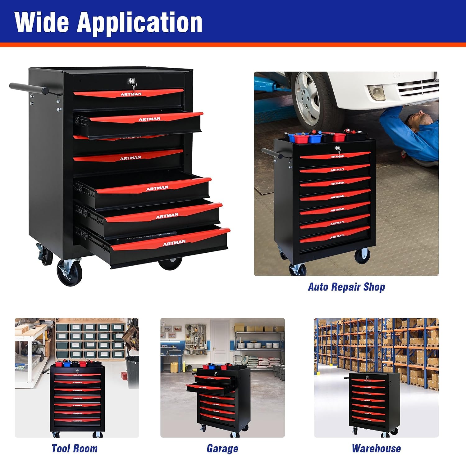 7 Drawers Tool Cart on Wheels, Multifunctional Rolling Tool Chest, Drawers Mobile Trolley Organizer Heavy Duty Tools Box with Locking Wheels & Ball Bearing Drawers (Black, 7 Drawers)