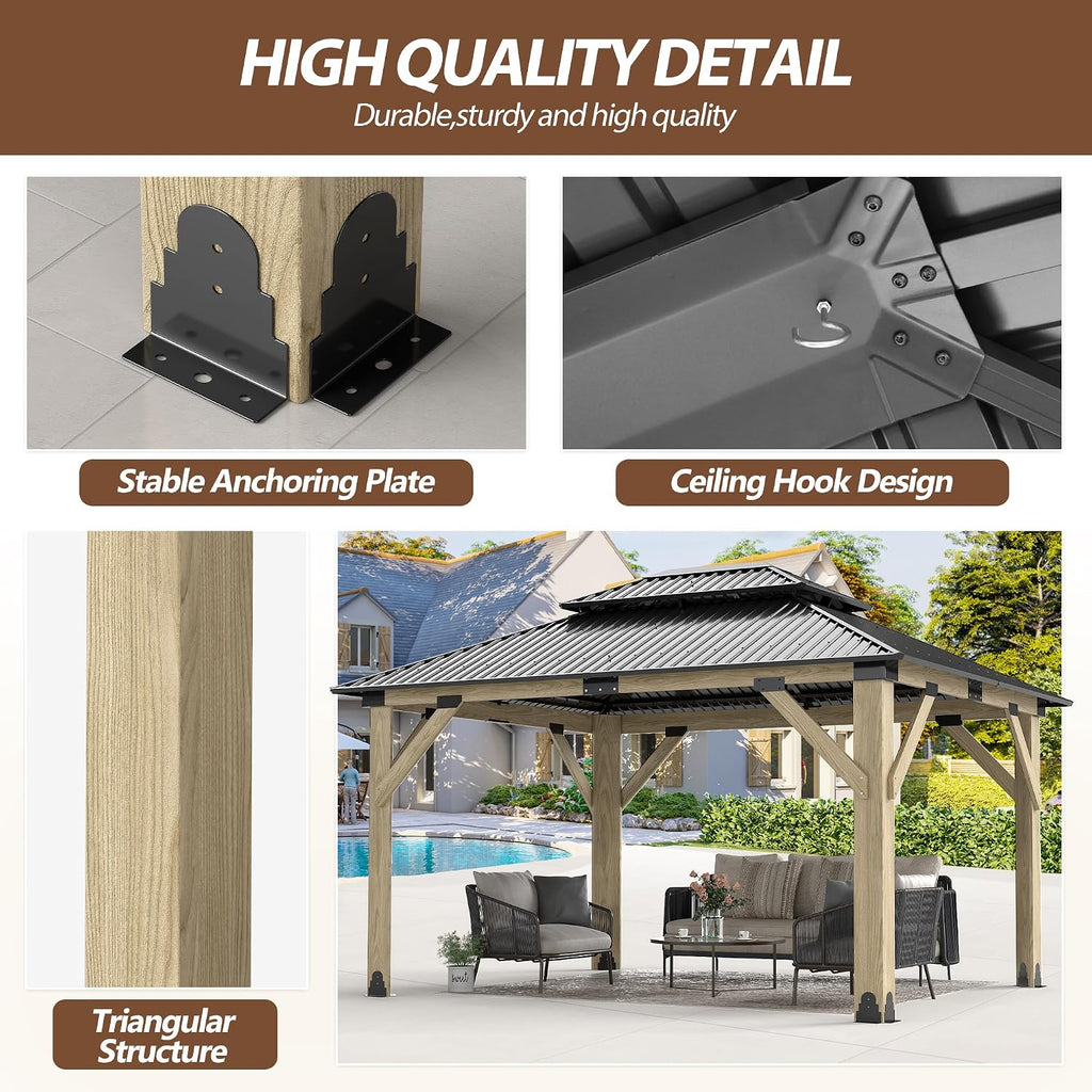 11x13 FT Wood Gazebo,Outdoor Wooden Hardtop Gazebo with Galvanized Steel Doule Roof,Cedar Wood Frame Gazebos Patio Backyard Deck