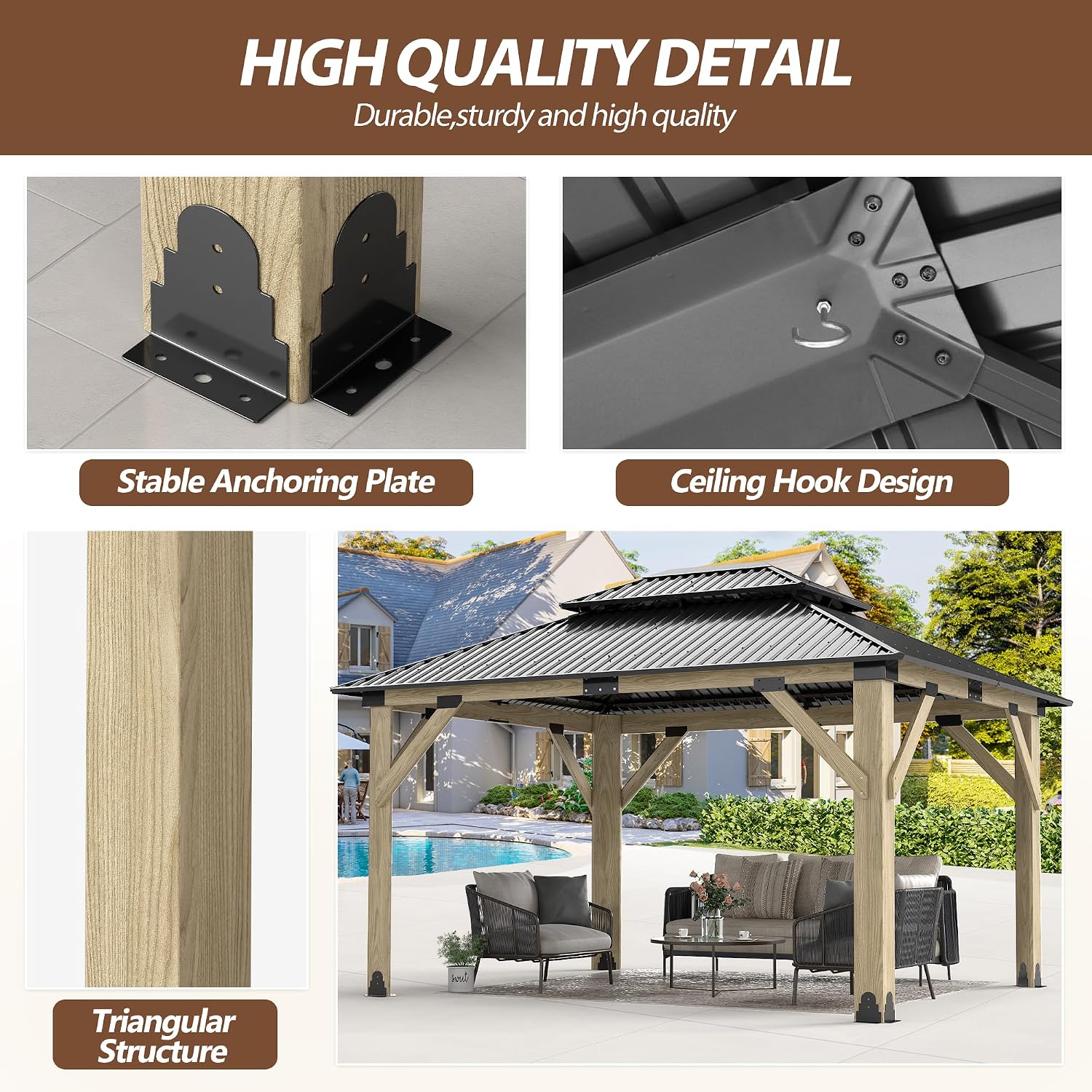 11x13 FT Wood Gazebo,Outdoor Wooden Hardtop Gazebo with Galvanized Steel Doule Roof,Cedar Wood Frame Gazebos Patio Backyard Deck