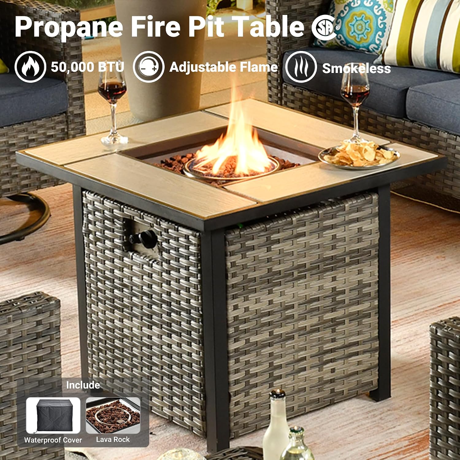 OVIOS 30' Outdoor Propane Fire Pit Table, 50,000 BTU PE Rattan Weaved Firepits with Ceramic Tabletop, Waterproof Cover, Steel Lid, Lava Rock for Patio Deck Garden, Grey