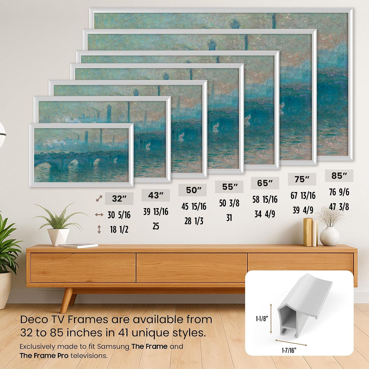 Pure White Prismatic 65' Alloy Deco TV Frame - Compatible ONLY with Samsung The Frame TV and Pro TVs (Fits 2021-2026, LS03A, LS03B,LS03C,LS03D,LS03FA,LS03FW)