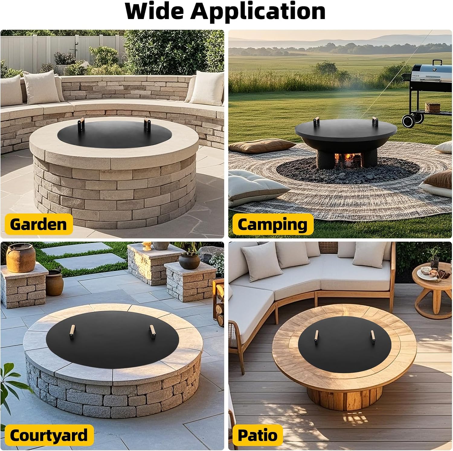 G GOOD GAIN Firepit Lid Round 38 Inch - Rust Resistant Fire Pit Lid Cover with Wooden Handle & Gloves, Fire Pit Snuffer Lid for Courtyards, Patio, Winter Cold Protection. Fits Fire Pits Up to 36'