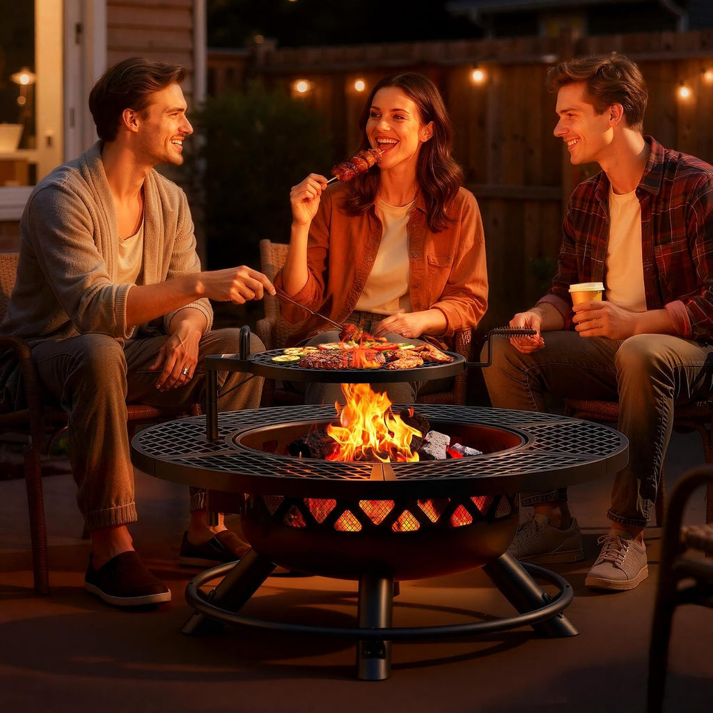 BALI OUTDOORS Fire Pit with Poker, 40 inch Outdoor Fire Pit Patio, Wood Burning Firepits for Outside with Grill