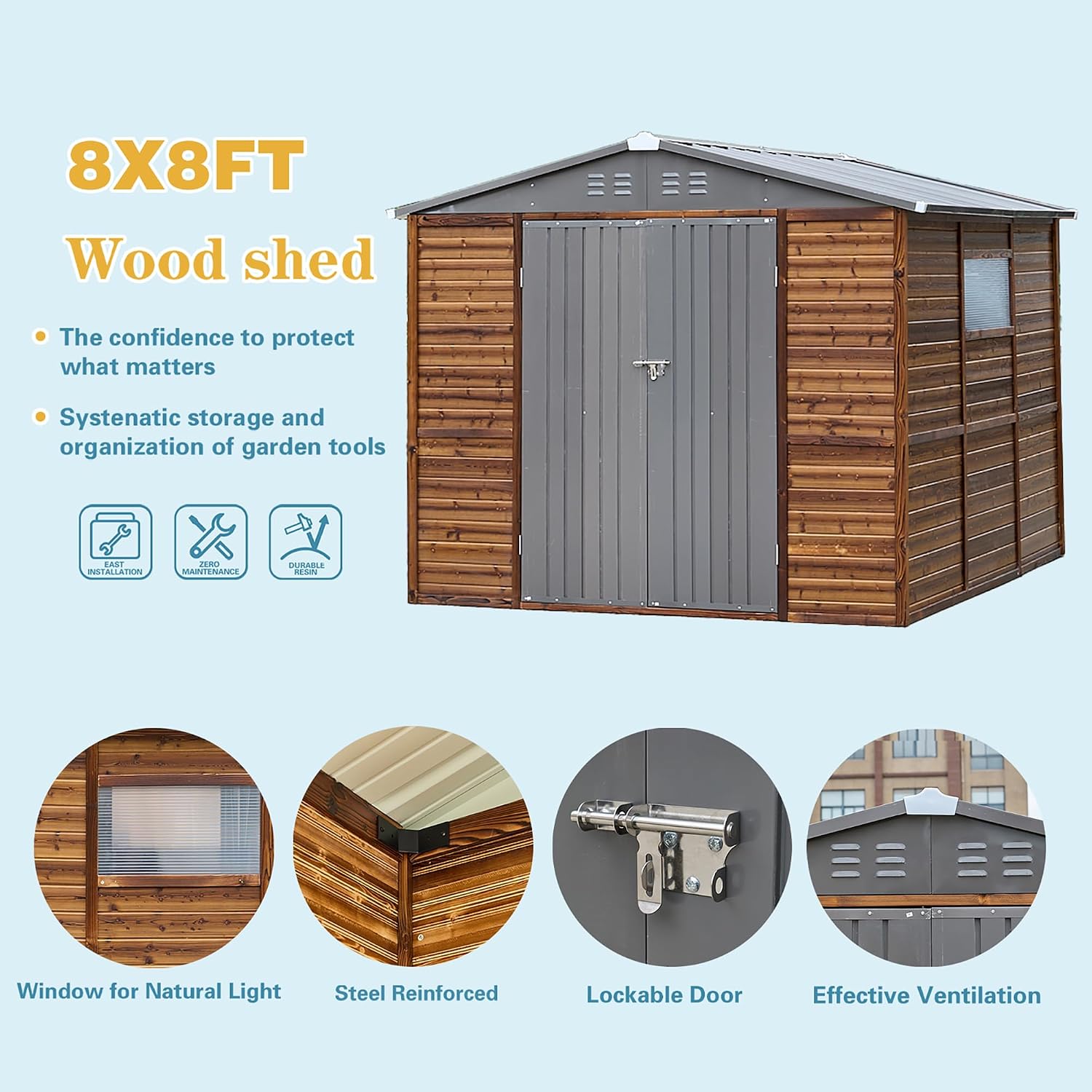 8x8 FT Outdoor Tool Shed, Wood-Iron Combination Storage Shed with Ventilation, Weather-Resistant Roof, Lockable Doors & Wood Grain Finish for Backyard and Garden