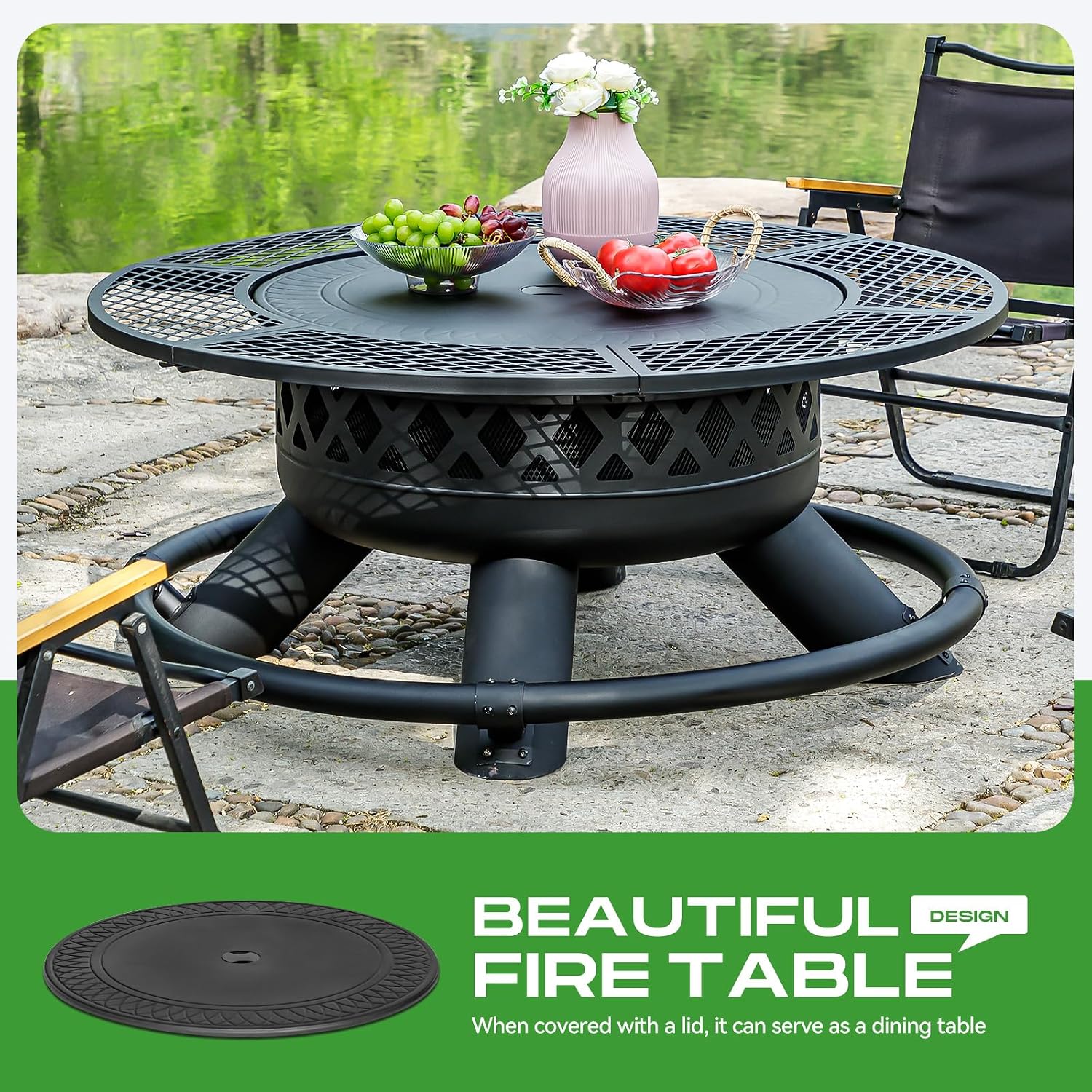 Panovue 47 Inch Outdoor Wood Burning Fire Pit with 2 Grills,Extra Large 3-in-1 Fire Pit with Metal Lid & Fire Poker, Heavy Duty BBQ Firepits for Outside, Backyard, Bonfire, Patio & Party (47'' Black)