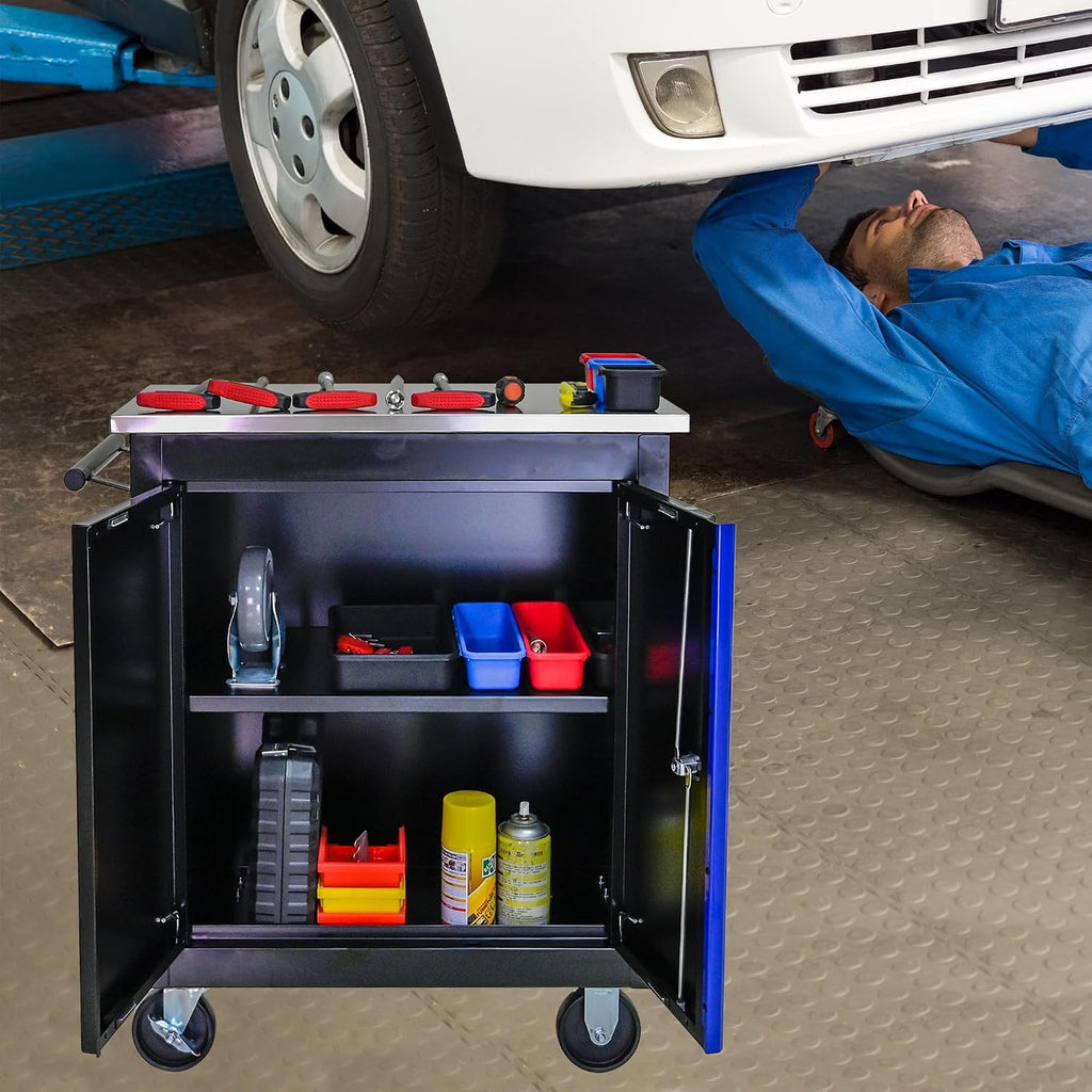 2 Doors Rolling Tool Box on Wheels, Stainless Steel Countertop Multifunctional Tool Chest Cabinet with Lock, Drawers Rolling Tool Cart Trolley Organizer Tool Storage Case for Garage,Warehouse