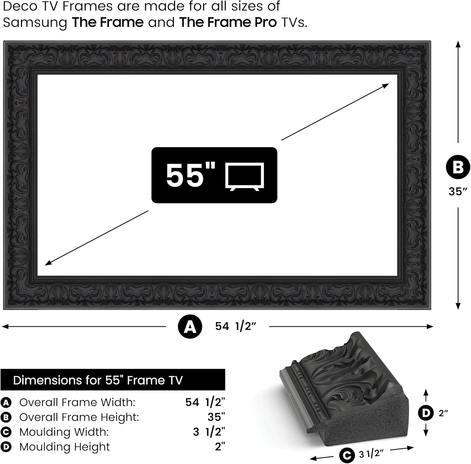 Tuscan Matte Black 55' Premiere Deco TV Frame - Compatible ONLY with Samsung The Frame TVs (Fits 2021-2026, LS03A, LS03B, LS03C, LS03D, LS03FA)