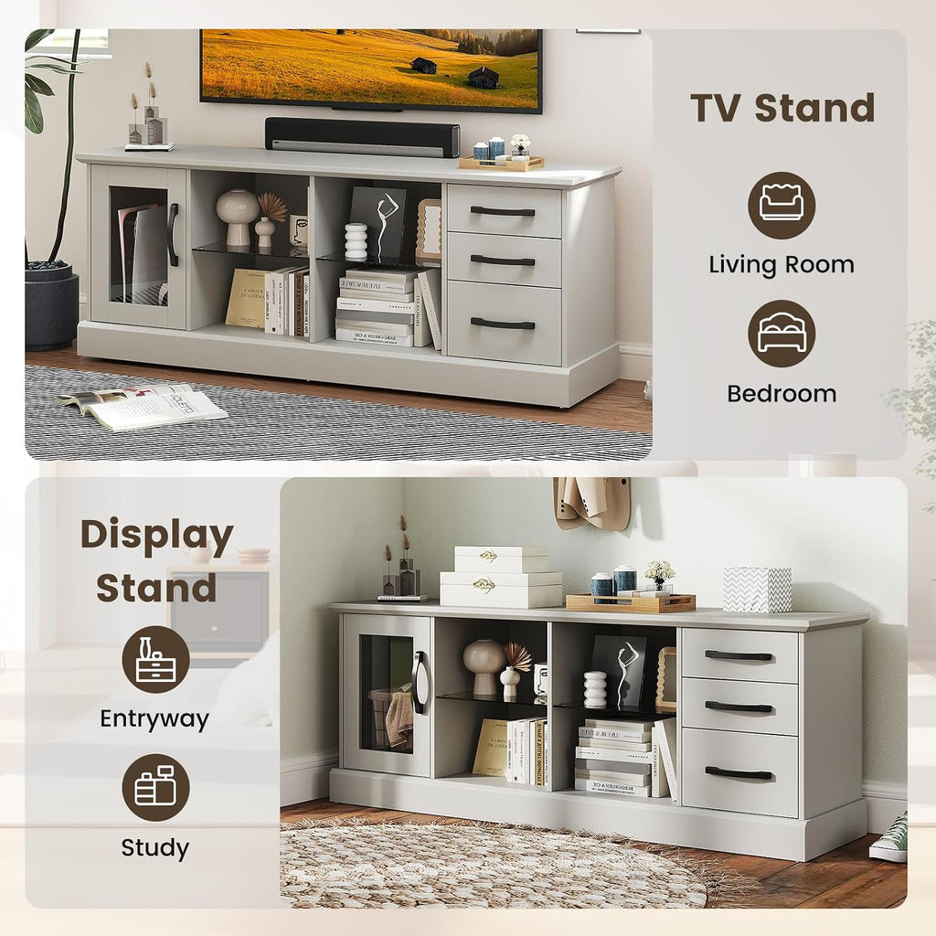 Tangkula Farmhouse TV Stand for 75 Inch TVs, 63' Media Console Table with 3 Drawers, 2 Glass Shelves & Cable Holes, Modern Wooden Entertainment Center for Living Room, Bedroom (Gray)