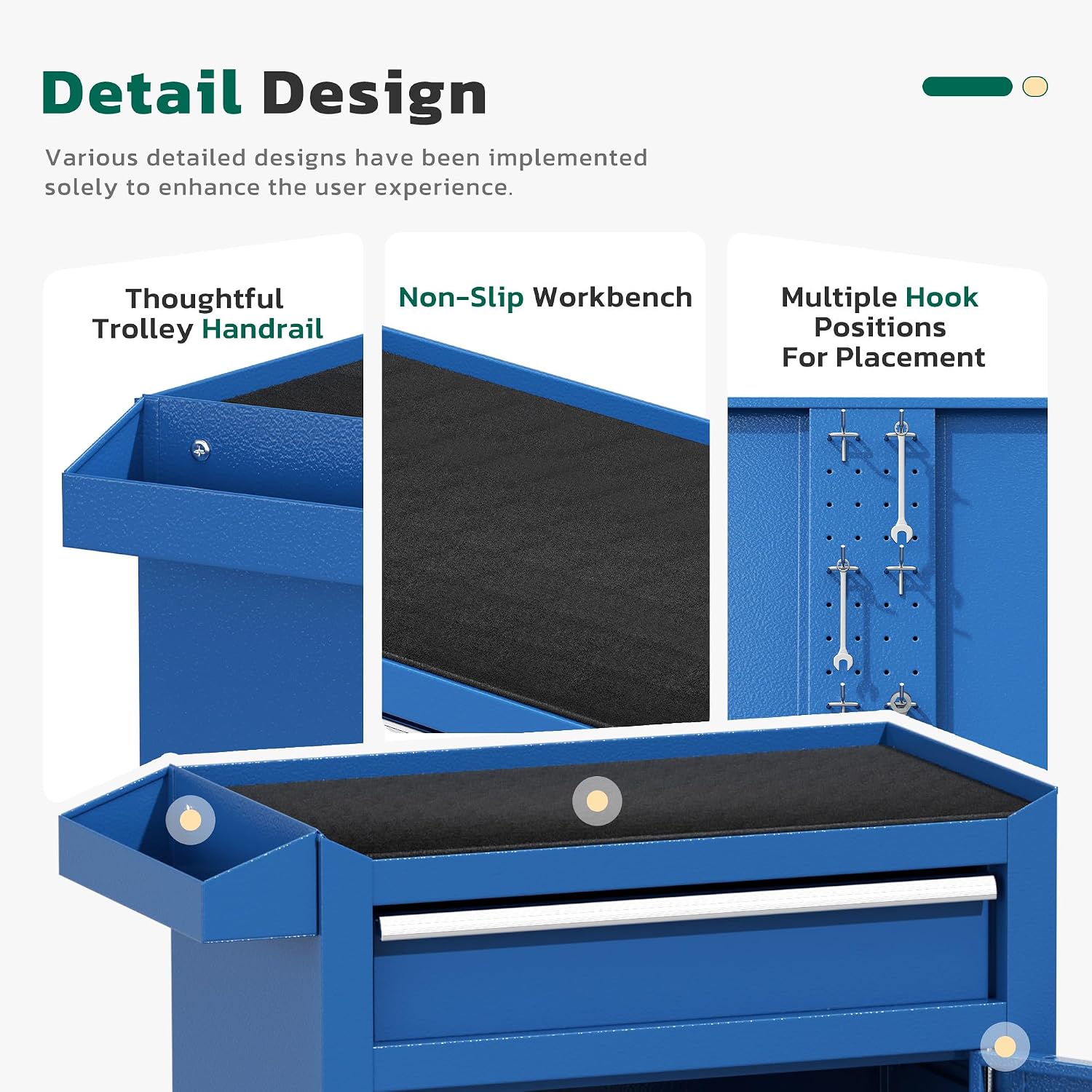 Greenvelly Tool Chest, 5-Drawer Rolling Tool Chest with Hooks and Lockable Wheels, Detachable Top Tool Box, Toolbox with Wheels, Rolling Tool Box for Mechanics Garage Workshop and Tool Room (Blue)